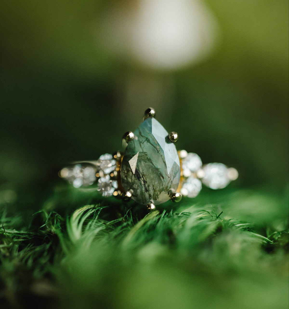"SAGE" - PEAR CUT MOSS AGATE ENGAGEMENT RING WITH DIAMOND ACCENTS-Staghead Designs