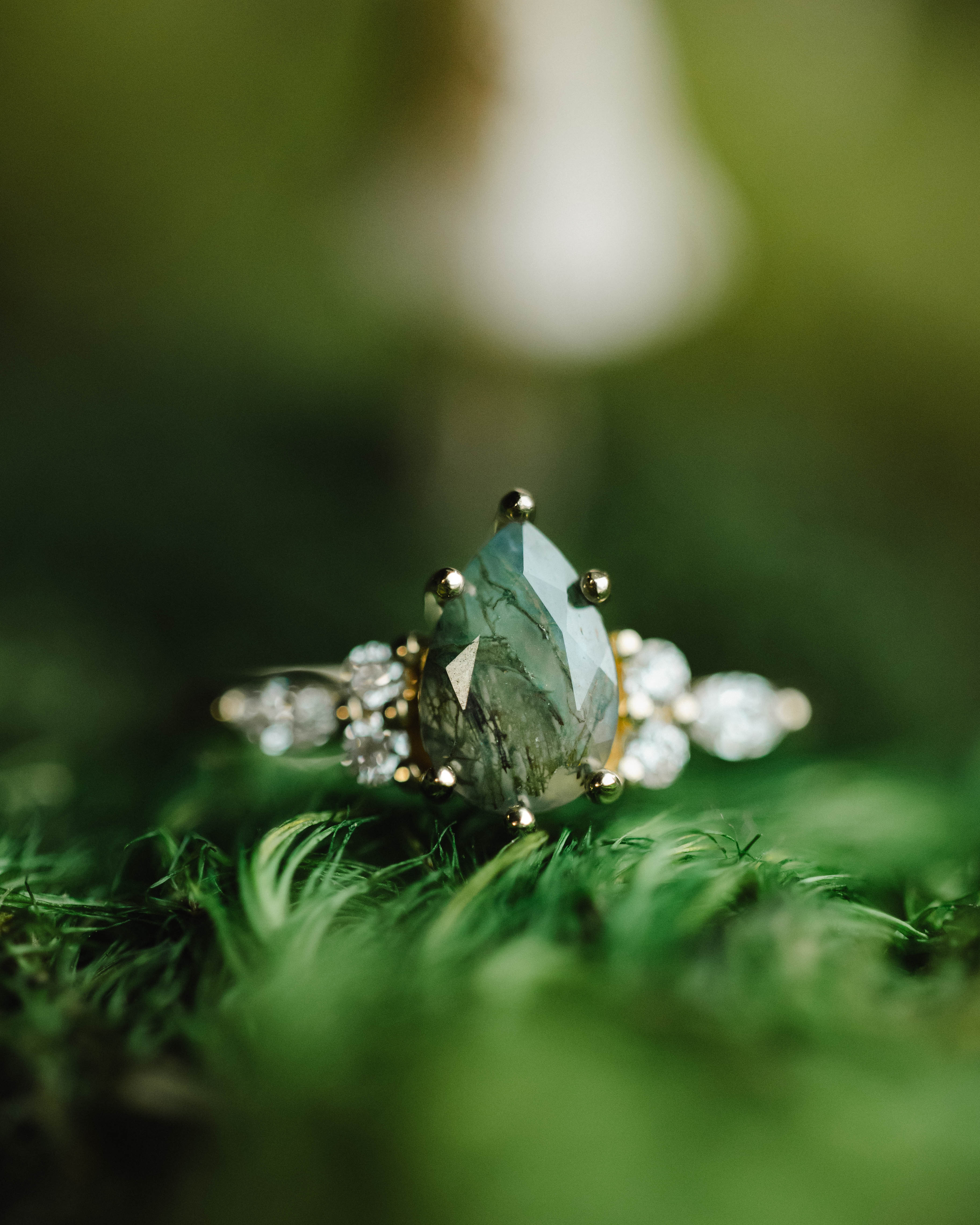 "SAGE" - PEAR CUT MOSS AGATE ENGAGEMENT RING WITH DIAMOND ACCENTS-Staghead Designs