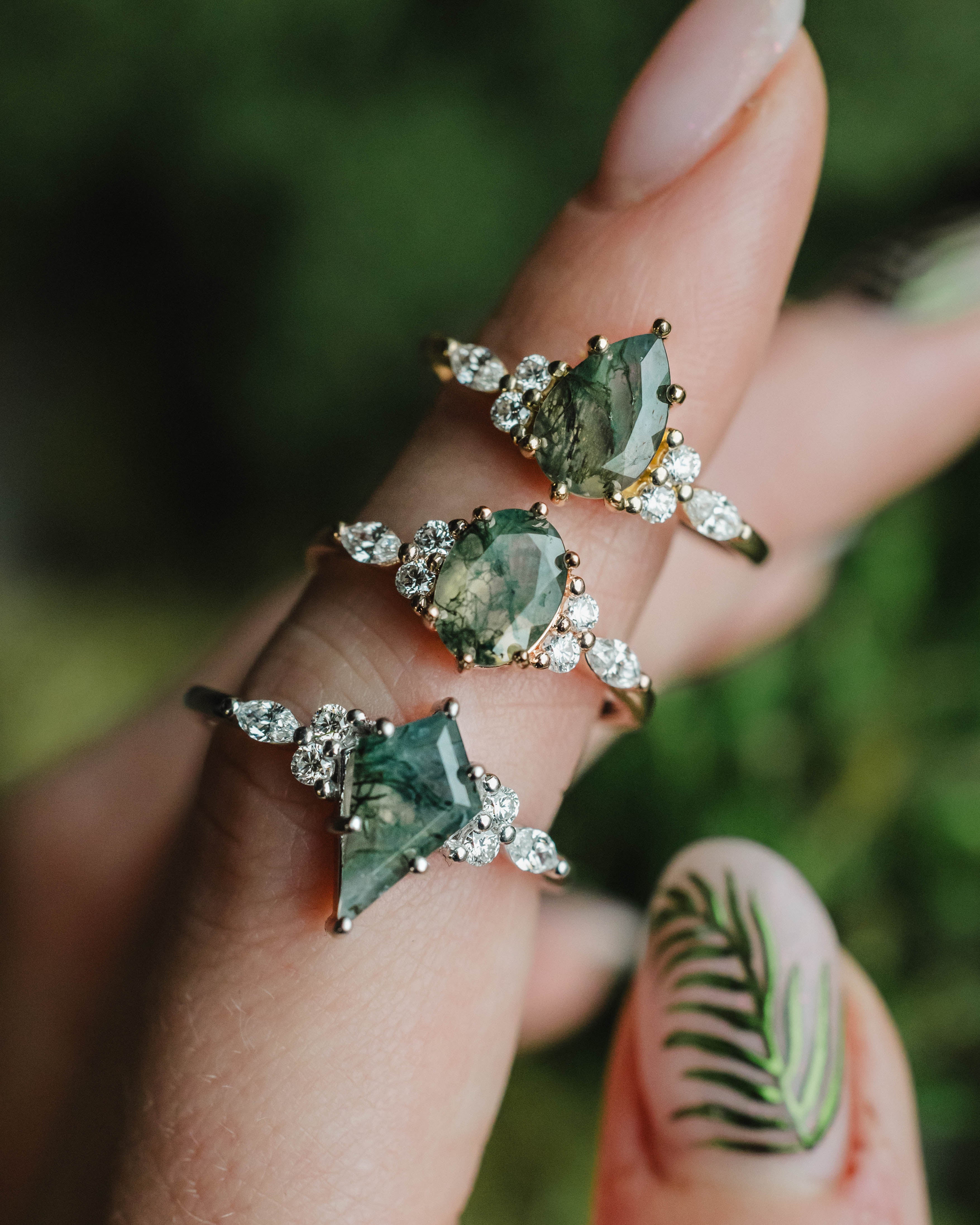 "SAGE" - KITE CUT MOSS AGATE ENGAGEMENT RING WITH DIAMOND ACCENTS & DIAMOND TRACER-Staghead Designs