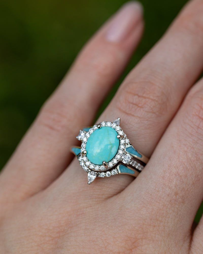 "KB" - BRIDAL SUITE - OVAL TURQUOISE ENGAGEMENT RING WITH DIAMOND ACCENTS & TRACERS-Staghead Designs