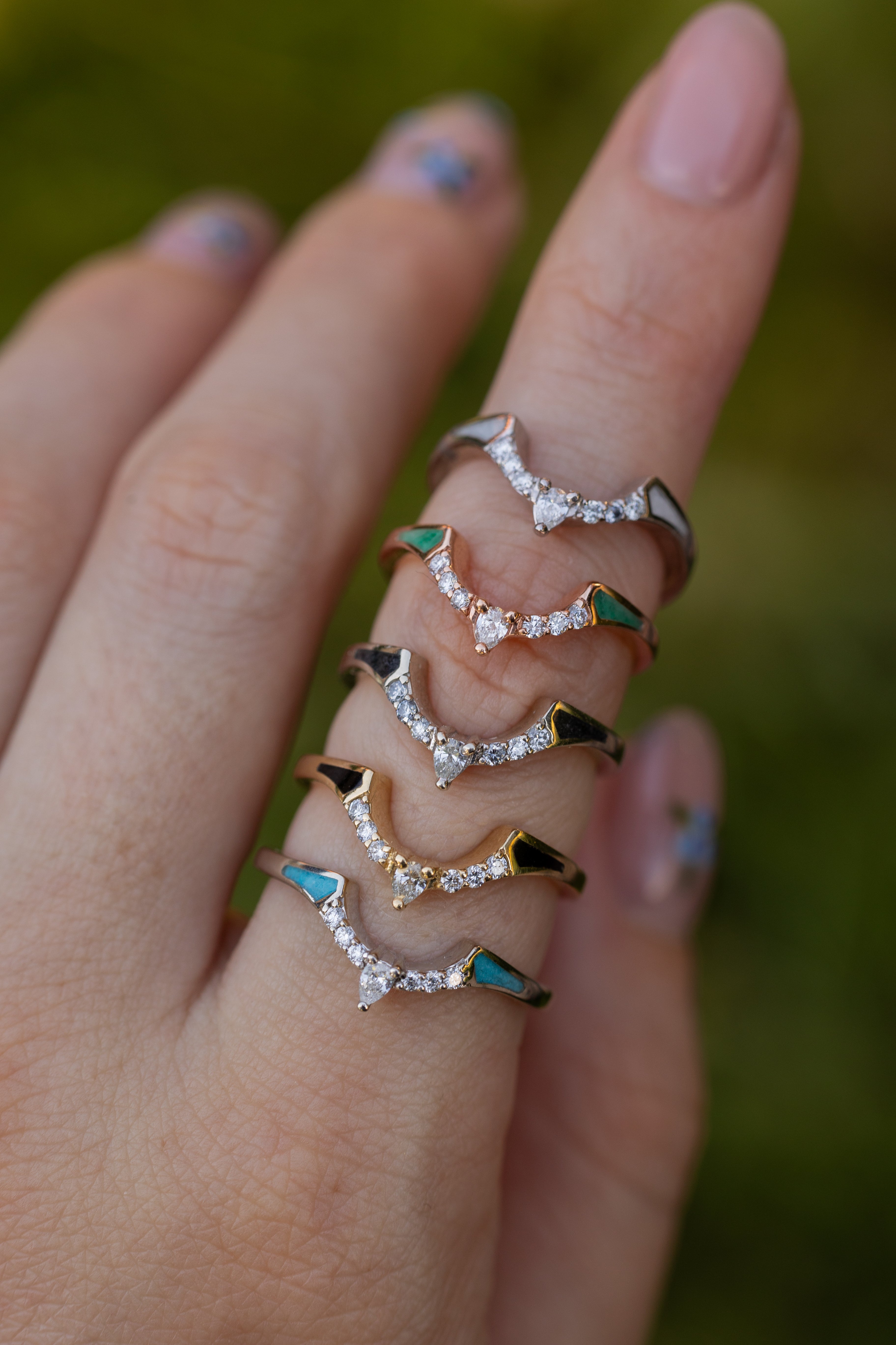 "SAMA" - TURQUOISE CONTOURED WEDDING BAND WITH DIAMOND ACCENTS-Staghead Designs