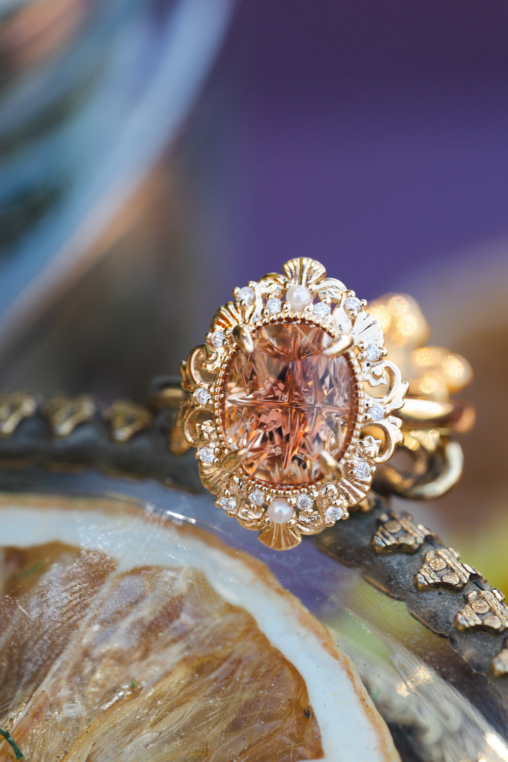 ONE-OF-A-KIND - "MERROW" - OVAL FOUR-DIRECTIONS CUT OREGON SUNSTONE ENGAGEMENT RING WITH DIAMOND & PEARL ACCENTS-Staghead Designs