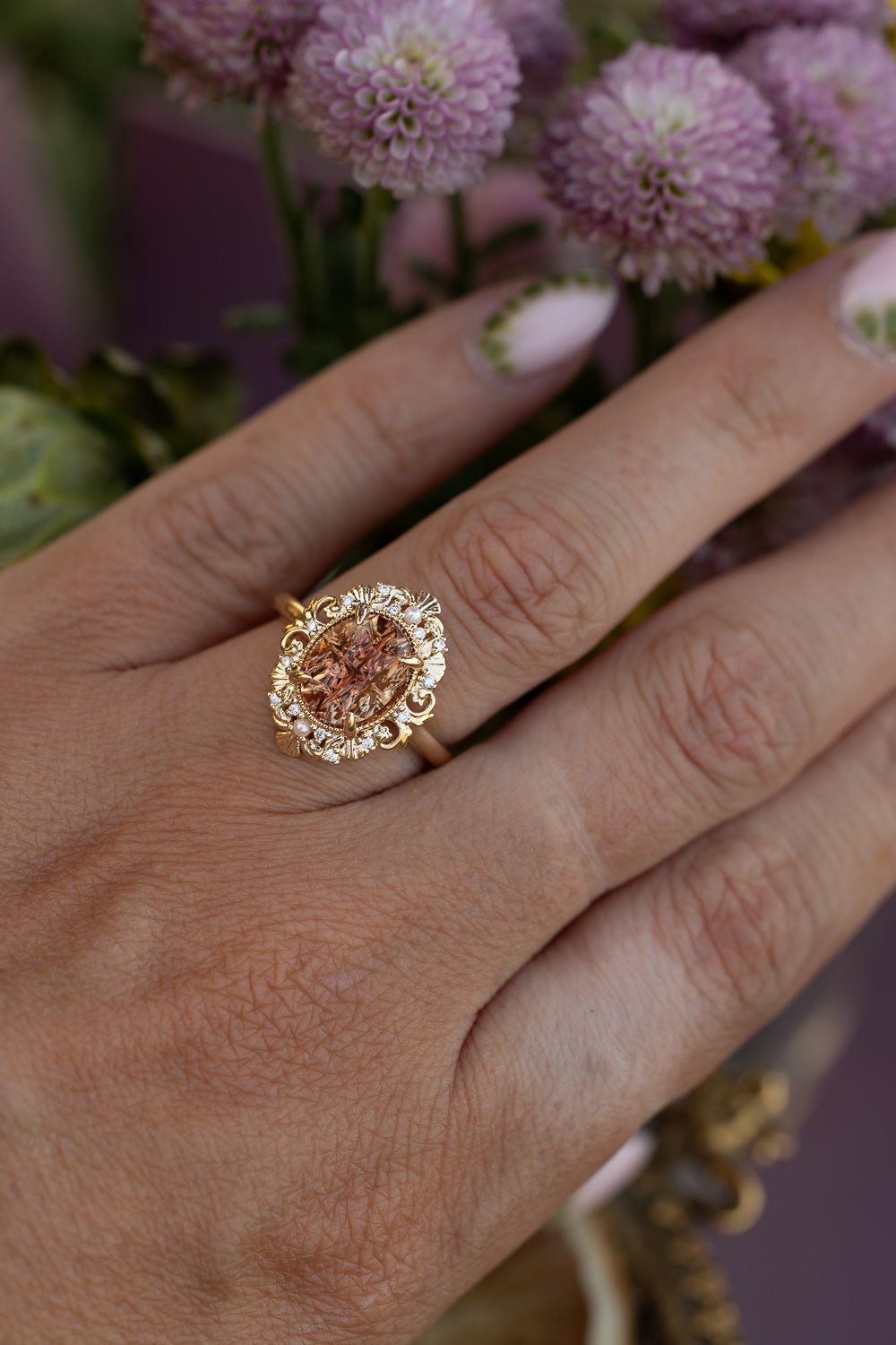 ONE-OF-A-KIND - "MERROW" - OVAL FOUR-DIRECTIONS CUT OREGON SUNSTONE ENGAGEMENT RING WITH DIAMOND & PEARL ACCENTS-Staghead Designs