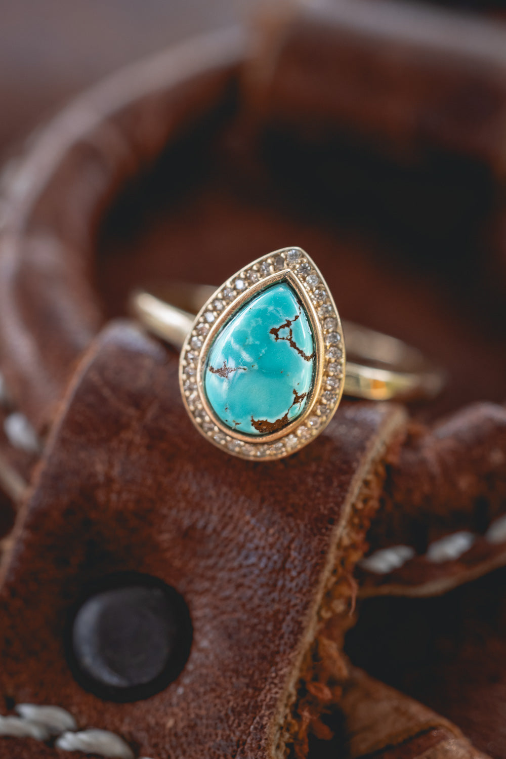 "Terra" - Pear Cabochon Cut Turquoise Engagement Ring With Diamond Halo - Ready To Ship