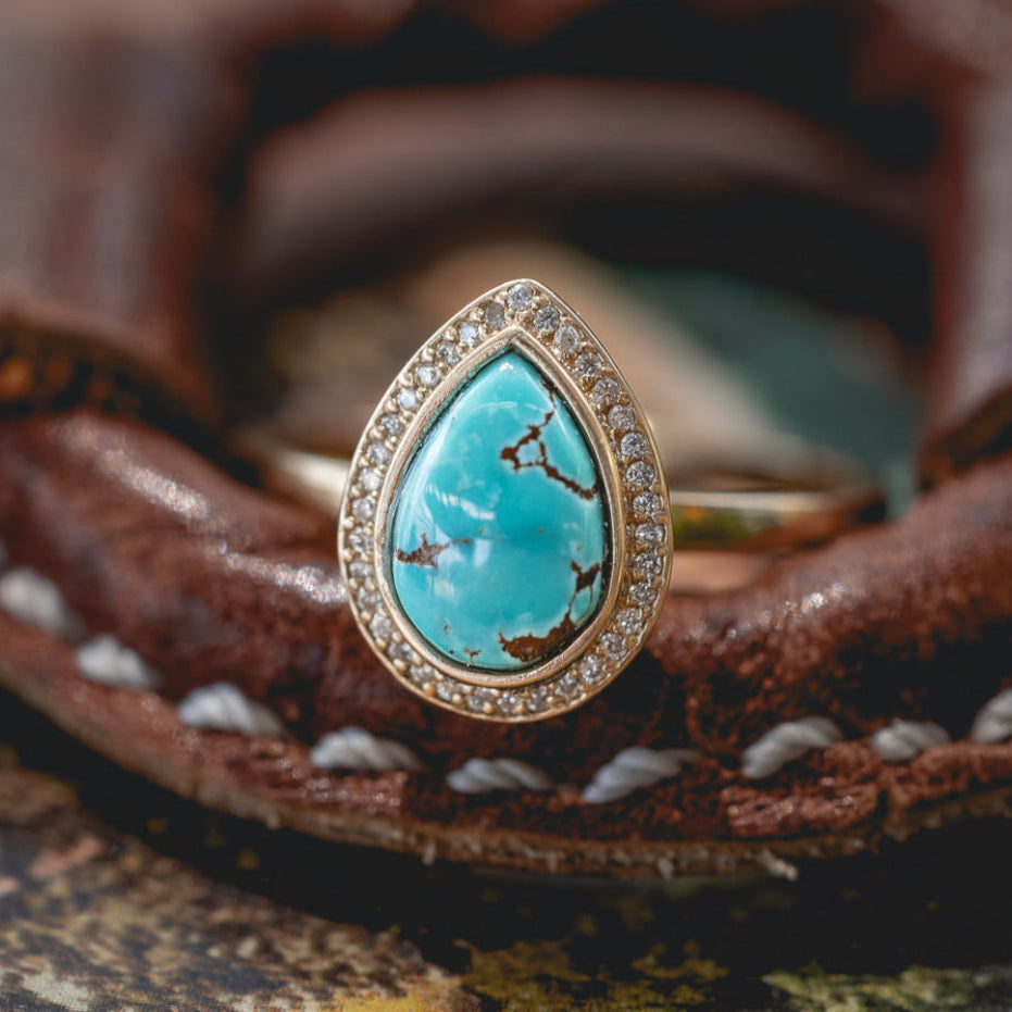 "TERRA" - PEAR CABOCHON CUT ENGAGEMENT RING WITH DIAMOND HALO-Staghead Designs