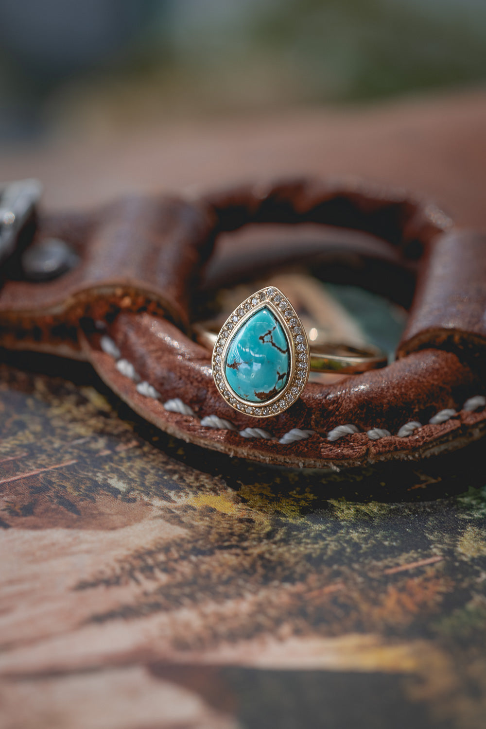 "TERRA" - PEAR CABOCHON CUT ENGAGEMENT RING WITH DIAMOND HALO-Staghead Designs