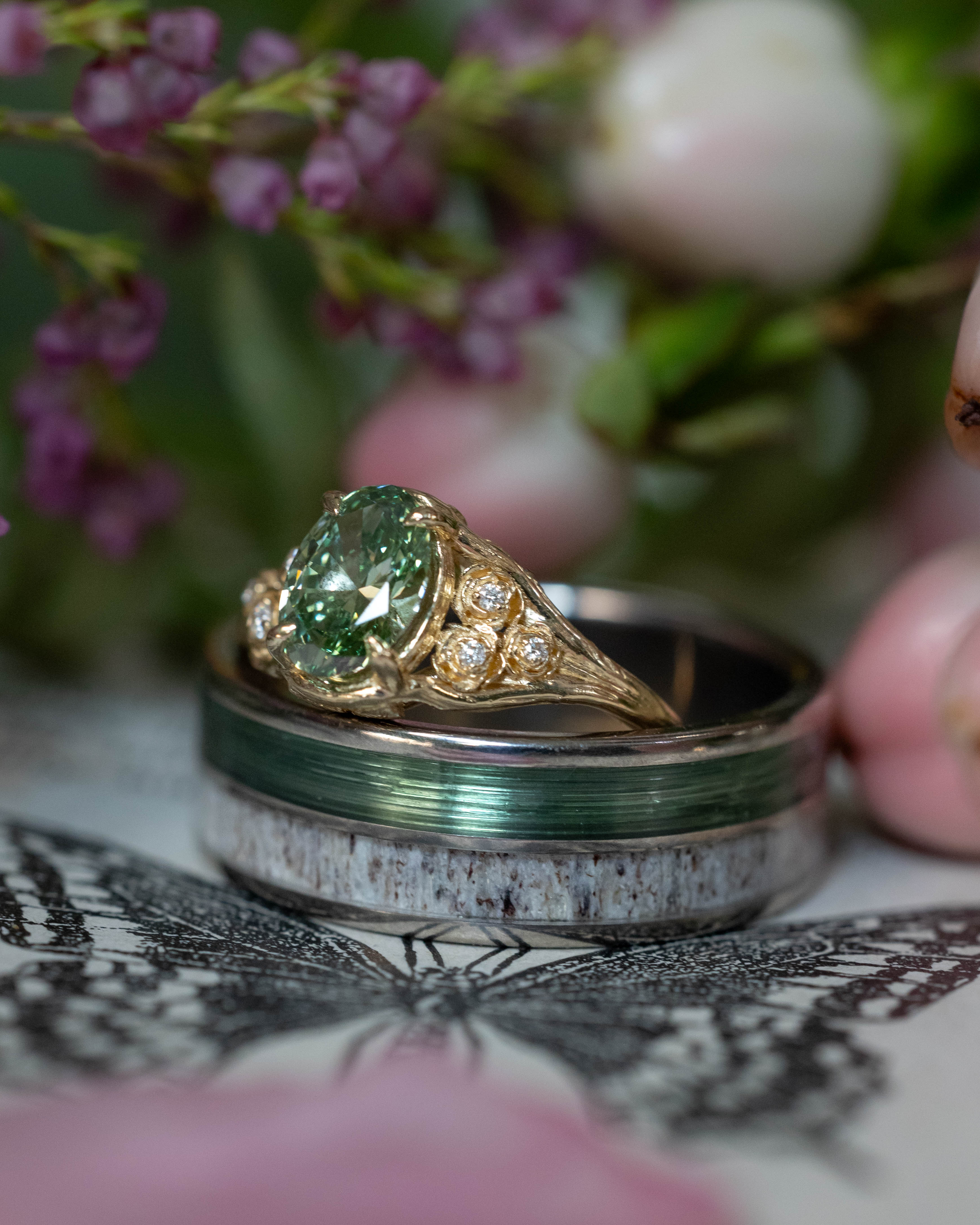 "THORNE" - FLORAL-STYLE ENGAGEMENT RING WITH ROSE DIAMOND ACCENTS - MOUNTING ONLY - SELECT YOUR OWN STONE-Staghead Designs