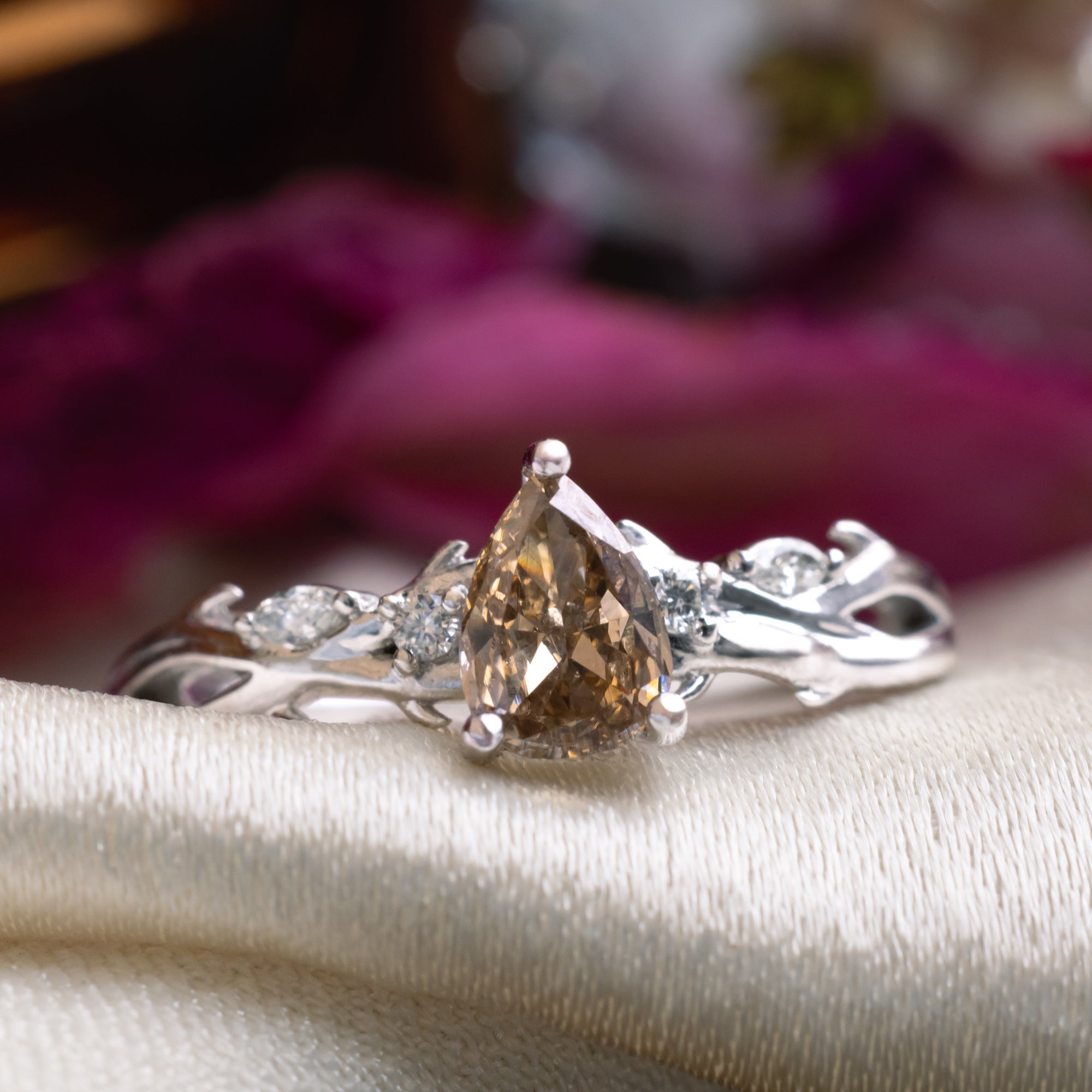 ONE-OF-A-KIND - "TRISTAN" - PEAR CUT CHAMPAGNE DIAMOND ENGAGEMENT RING WITH DIAMOND ACCENTS & BRANCH-STYLE BAND-Staghead Designs