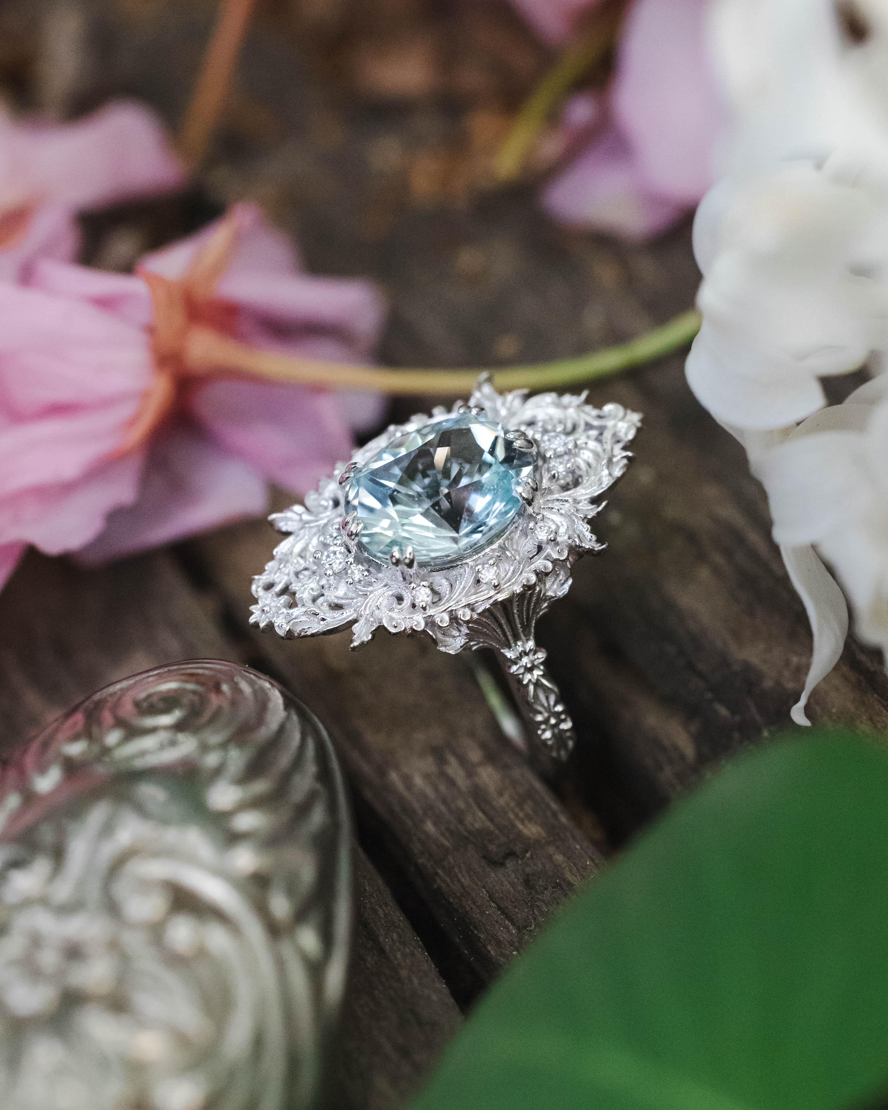 "CHERIE" - ROCOCO-STYLE OVAL CUT AQUAMARINE ENGAGEMENT RING WITH DIAMOND ACCENTS-Staghead Designs