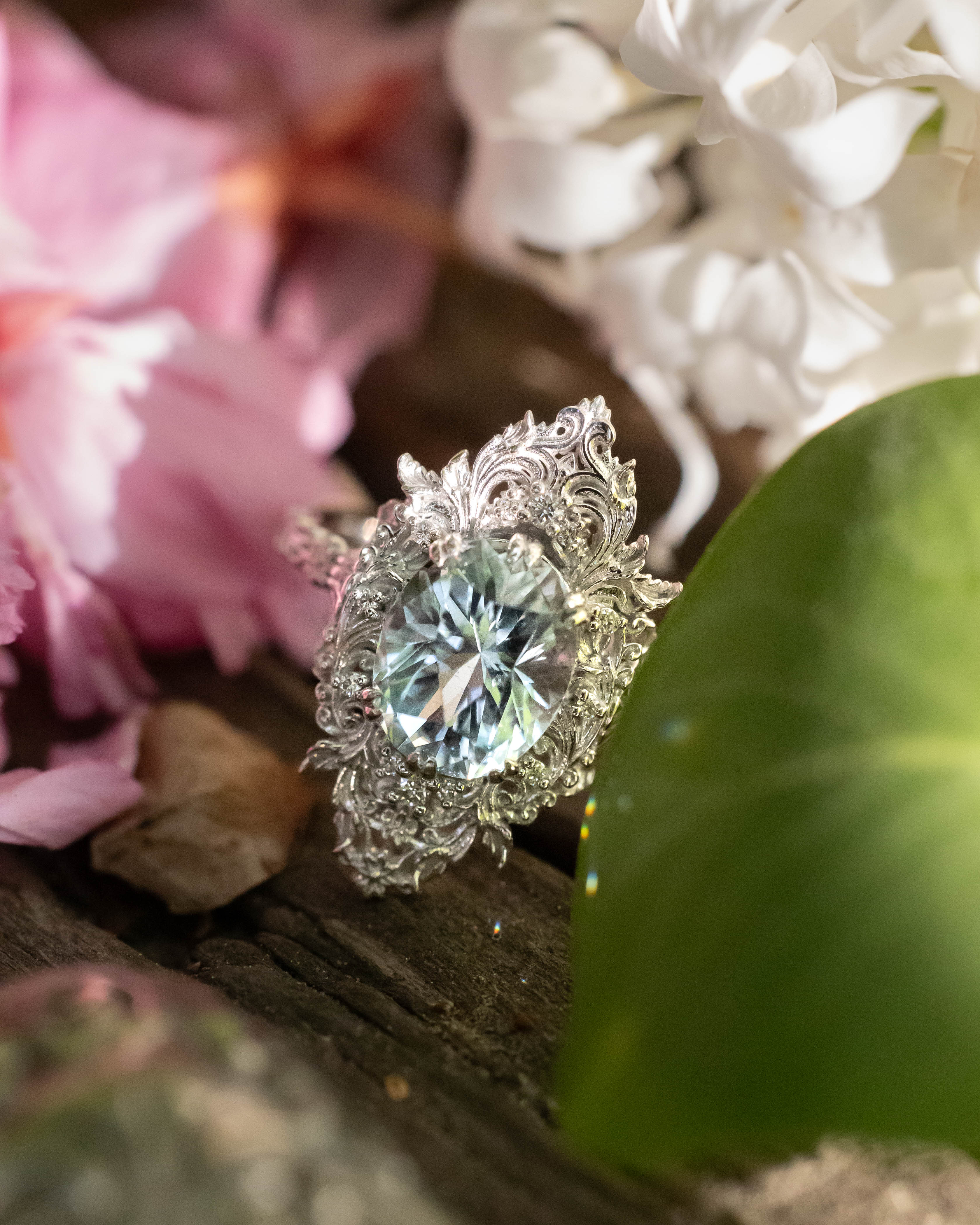 "CHERIE" - ROCOCO-STYLE OVAL CUT AQUAMARINE ENGAGEMENT RING WITH DIAMOND ACCENTS-Staghead Designs
