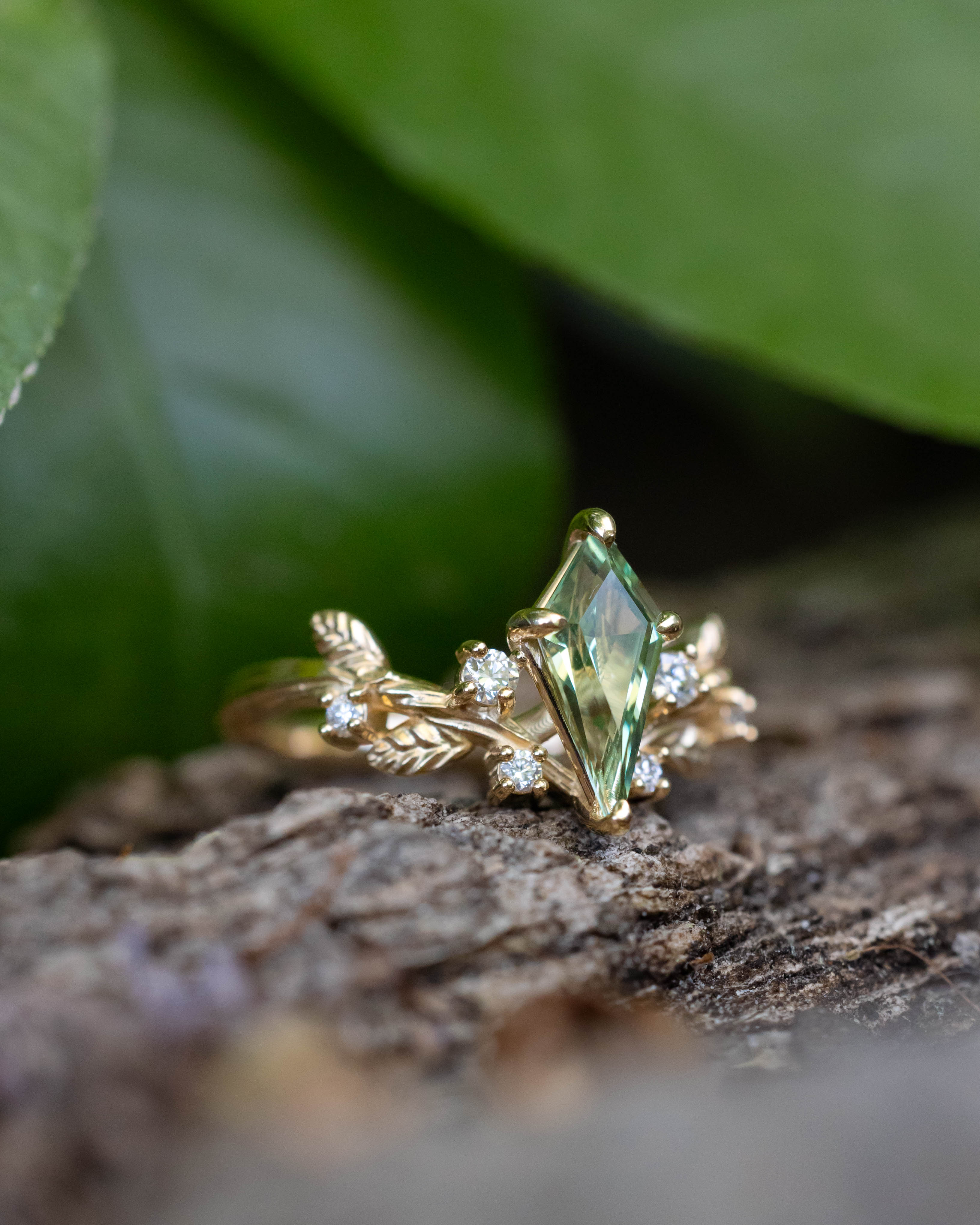 "ARTEMISIA" - KITE CUT LAB-GROWN GREEN SAPPHIRE ENGAGEMENT RING WITH DIAMOND ACCENTS-Staghead Designs