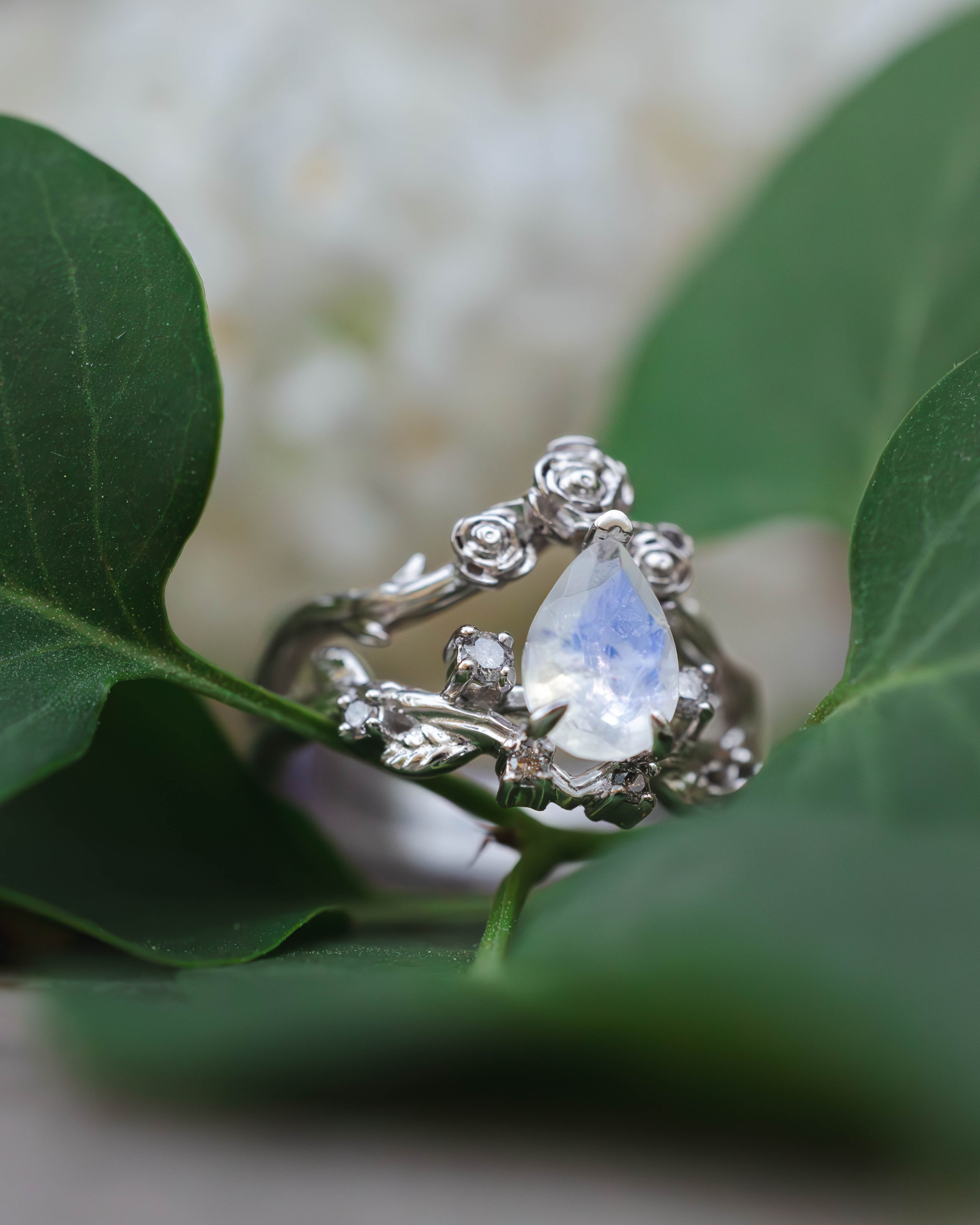"HARLOW" - PEAR CUT MOONSTONE WOMEN'S ENGAGEMENT RING WITH SALT & PEPPER DIAMOND ACCENTS, BRANCH-STYLE BAND & TRACER-Staghead Designs