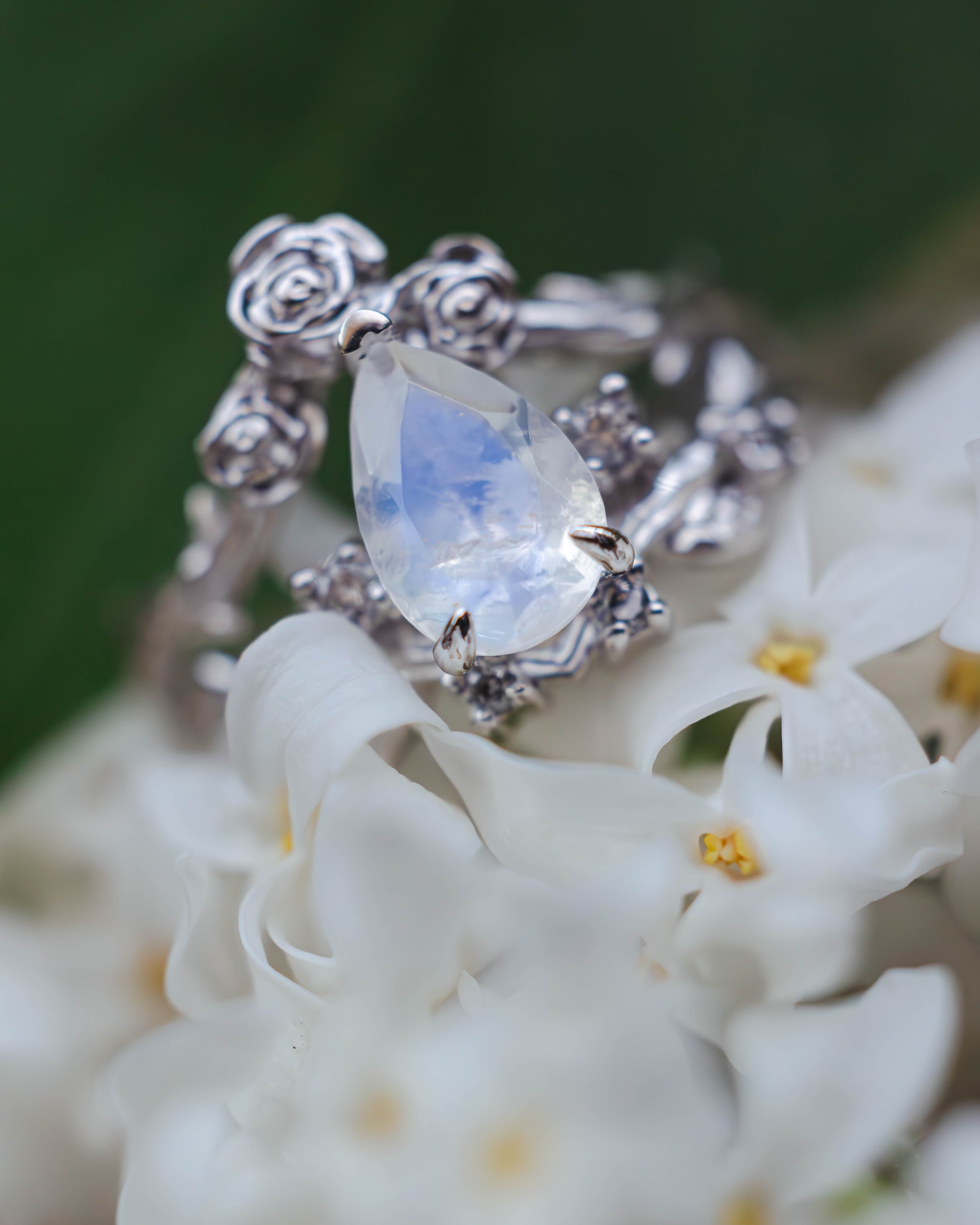 "HARLOW" - PEAR CUT MOONSTONE WOMEN'S ENGAGEMENT RING WITH SALT & PEPPER DIAMOND ACCENTS, BRANCH-STYLE BAND & TRACER-Staghead Designs
