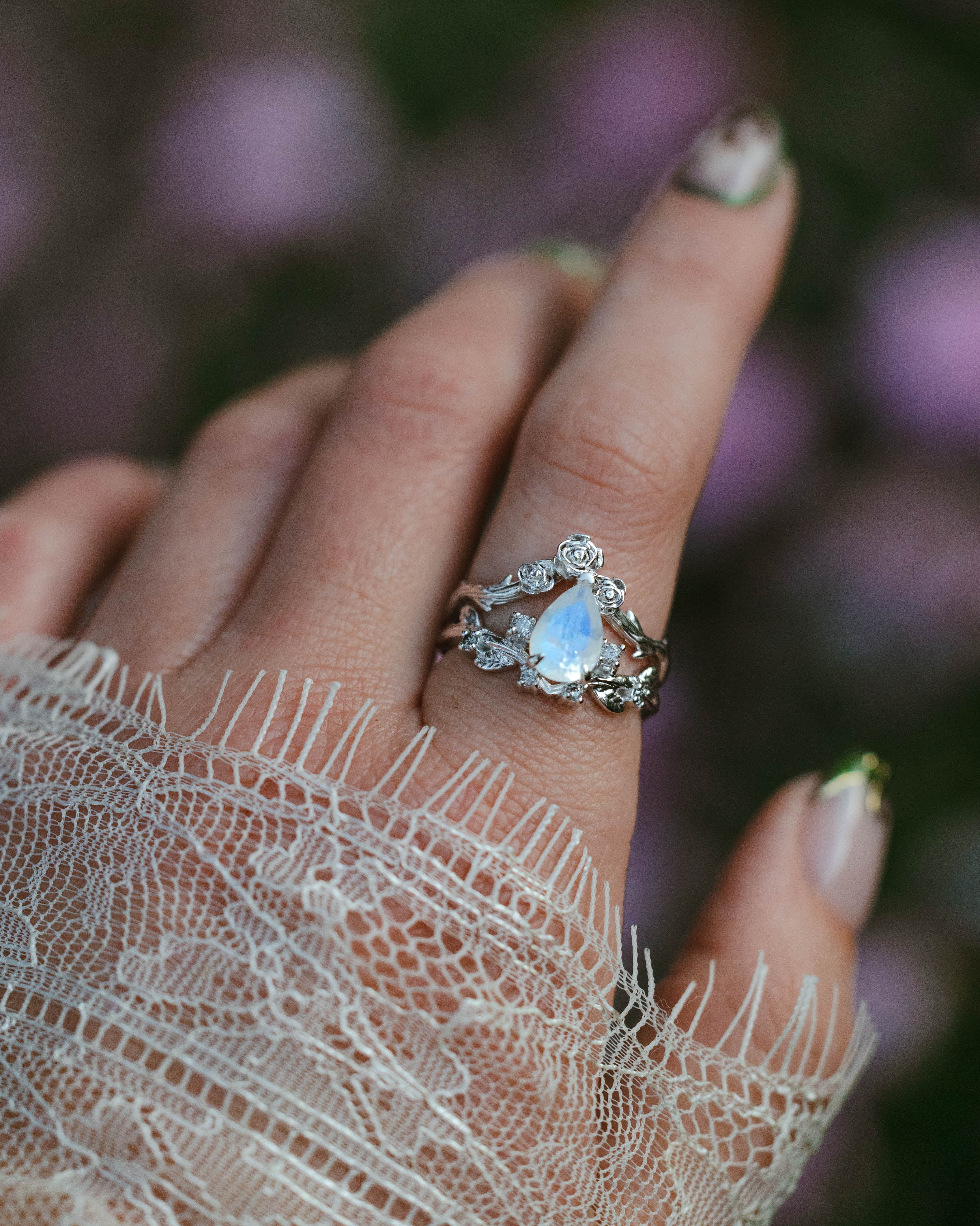 "HARLOW" - PEAR CUT MOONSTONE WOMEN'S ENGAGEMENT RING WITH SALT & PEPPER DIAMOND ACCENTS, BRANCH-STYLE BAND & TRACER-Staghead Designs