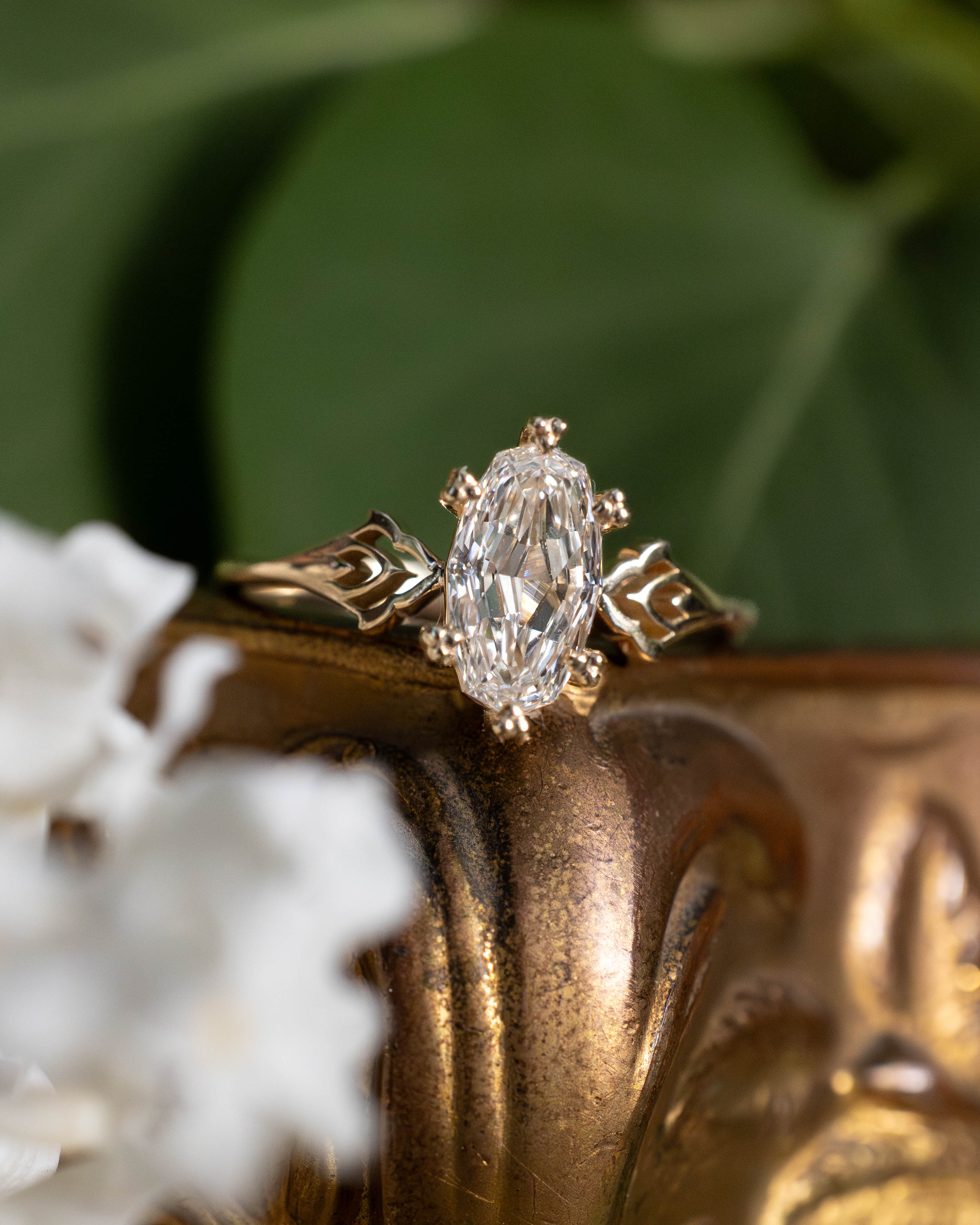 ONE-OF-A-KIND - "MORRIGAN" - ORNATE SOLITAIRE ENGAGEMENT RING WITH 1.04CT GEO CUT LAB-GROWN DIAMOND-Staghead Designs