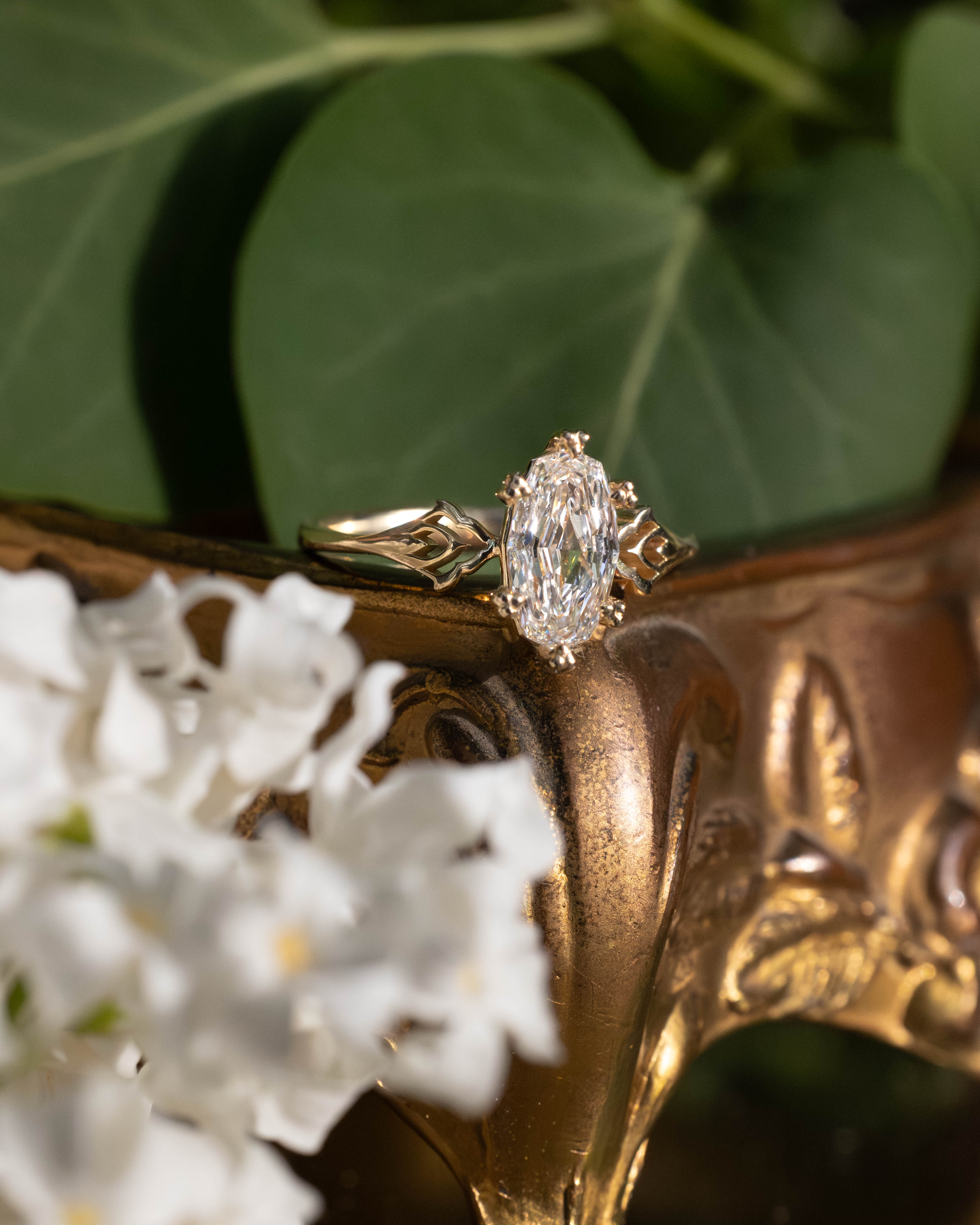 ONE-OF-A-KIND - "MORRIGAN" - ORNATE SOLITAIRE ENGAGEMENT RING WITH 1.04CT GEO CUT LAB-GROWN DIAMOND-Staghead Designs