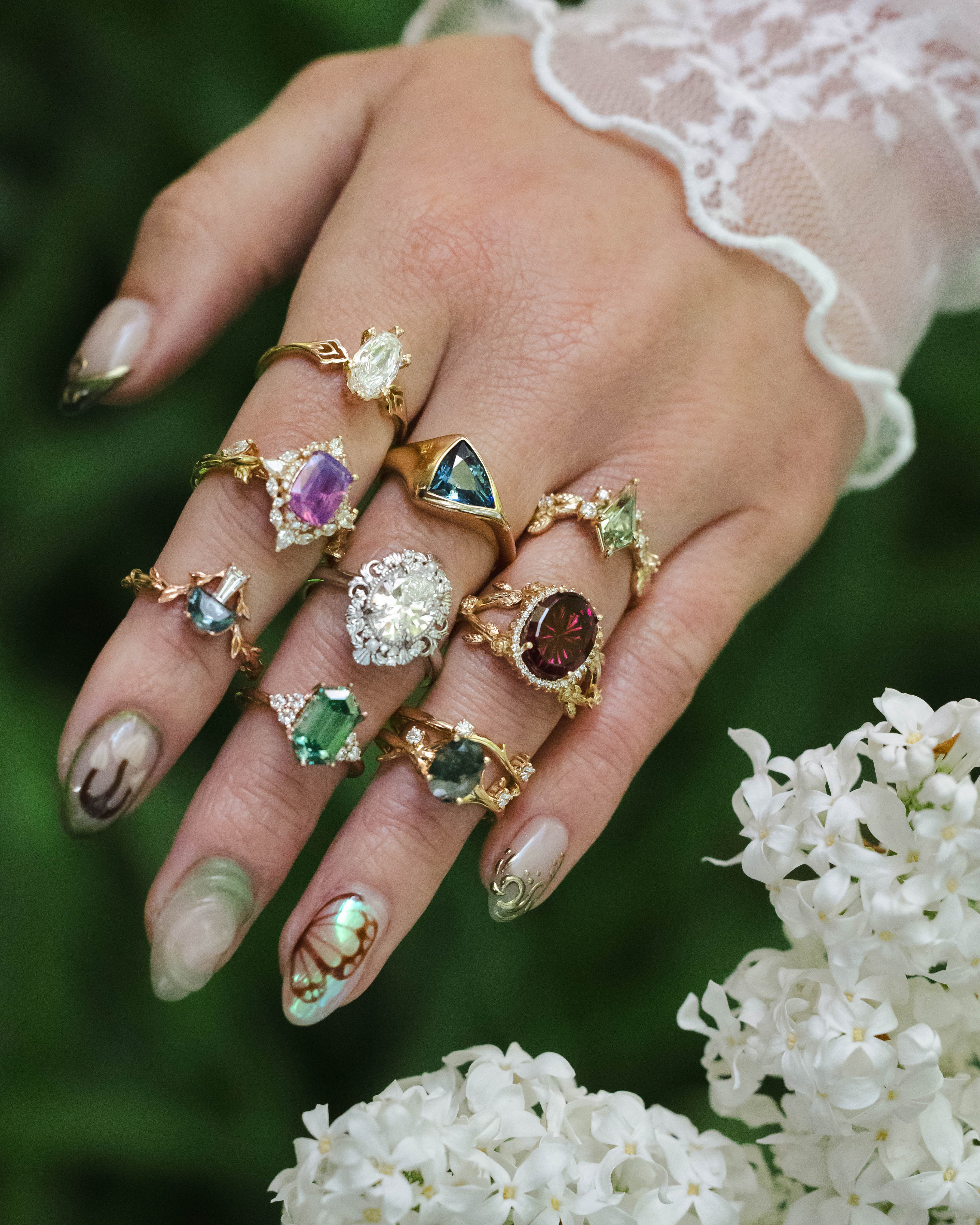 "OCTAVIA" - ELONGATED HEXAGON CUT GREEN MOISSANITE ENGAGEMENT RING WITH DIAMOND ACCENTS-Staghead Designs