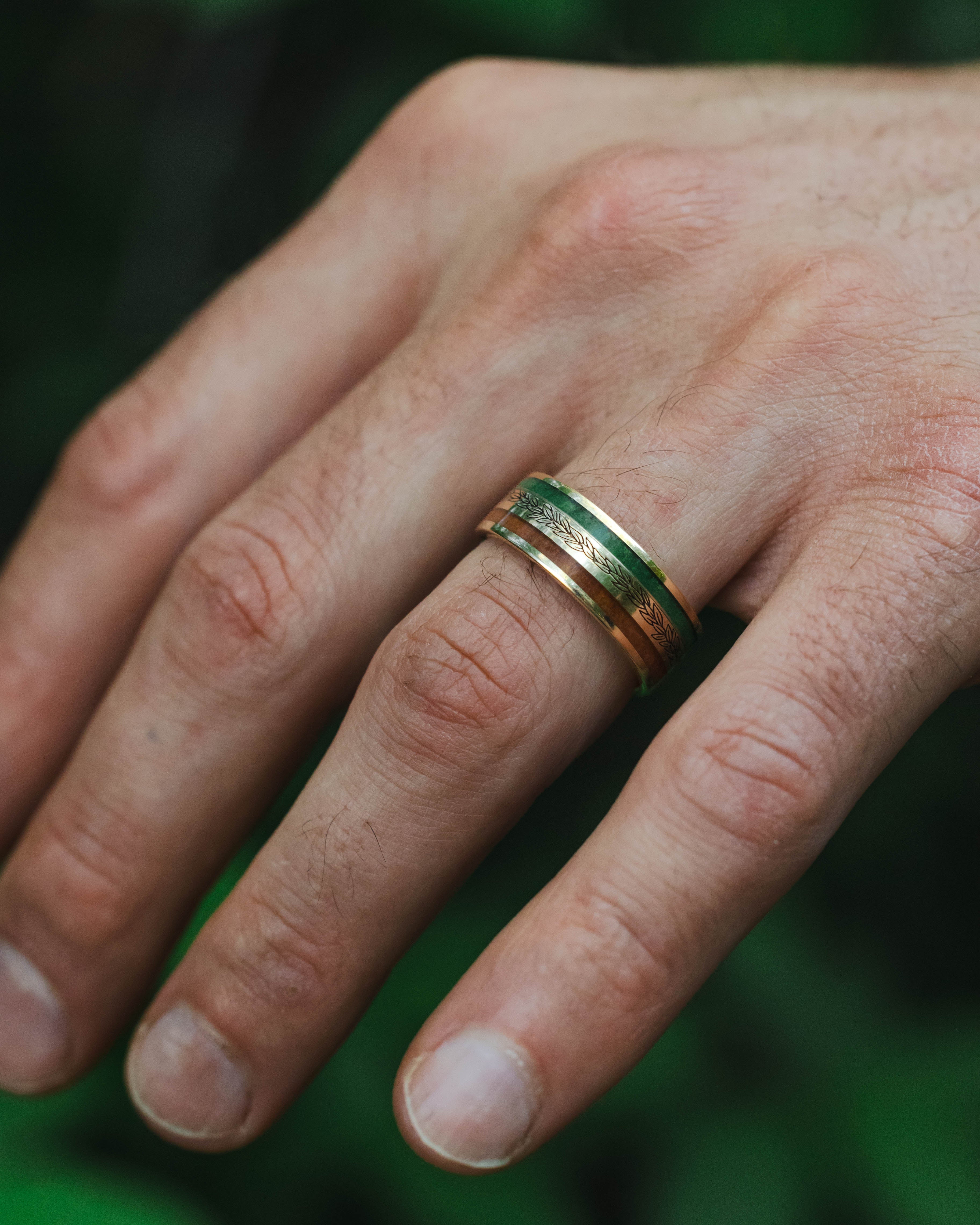 "RYDER" - LAUREL ENGRAVED WEDDING RING WITH REDWOOD & MOSS-Staghead Designs