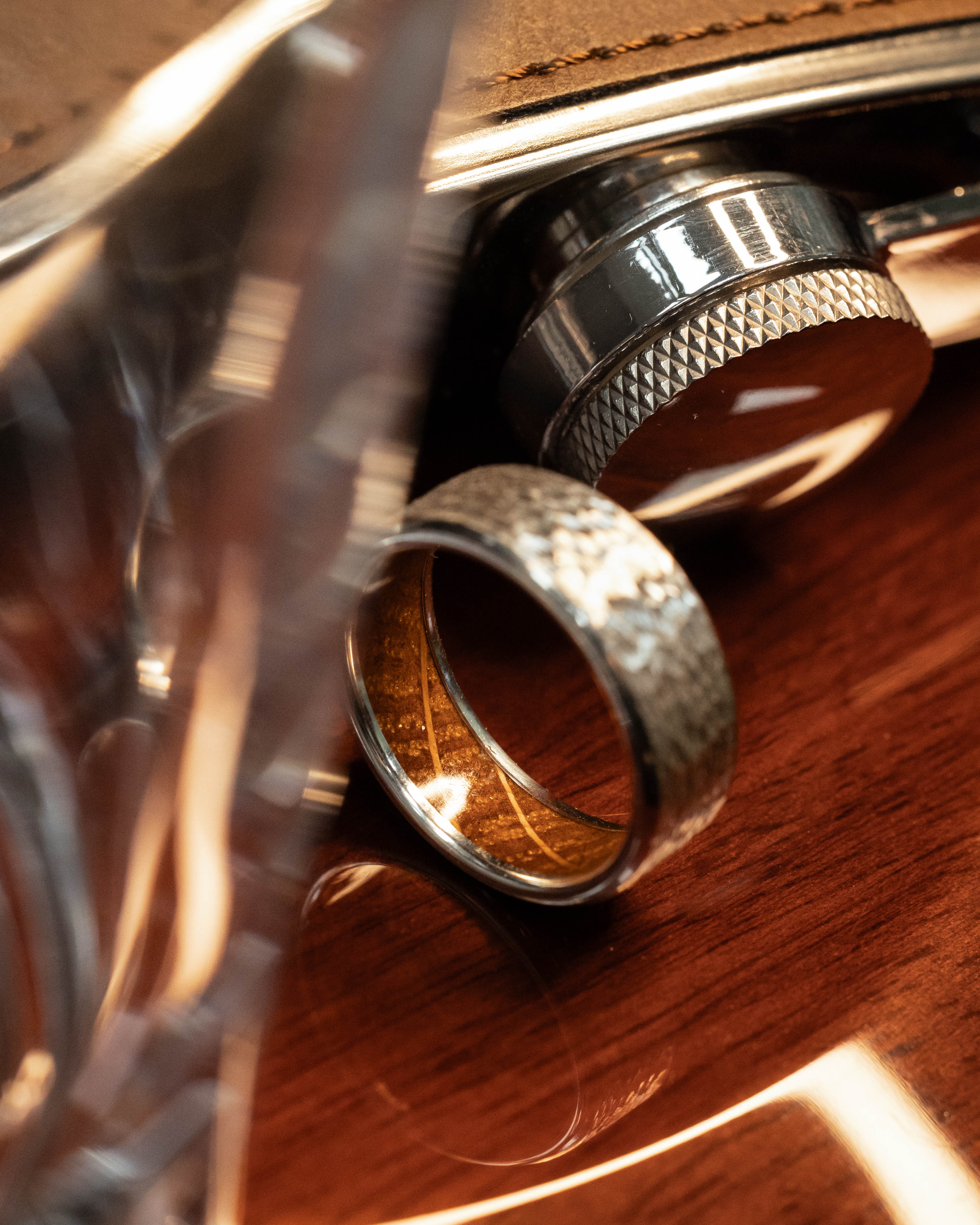 HAMMERED WEDDING BAND WITH WHISKEY BARREL LINING-Staghead Designs
