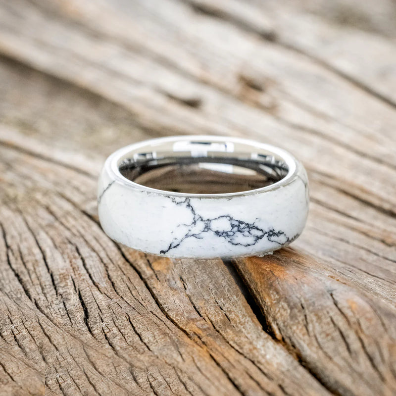 "HAVEN" - WHITE TURQUOISE TRUSTONE WEDDING BAND - TUNGSTEN - SIZE 10-2