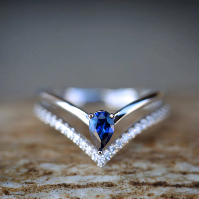 "CICELY" - PEAR-SHAPED BLUE SAPPHIRE ENGAGEMENT RING WITH DIAMOND ACCENTS - 14K WHITE GOLD - SIZE 7-Staghead Designs