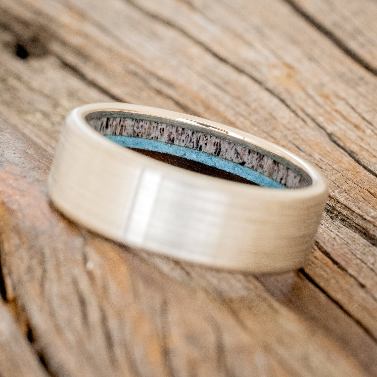 "ARGOS" - ANTLER, IRONWOOD & TURQUOISE LINED WEDDING BAND WITH BRUSHED FINISH-11