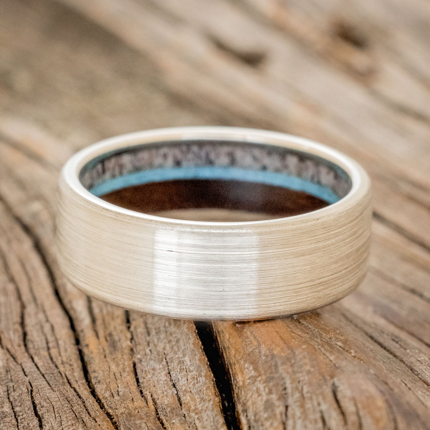 "ARGOS" - ANTLER, IRONWOOD & TURQUOISE LINED WEDDING BAND WITH BRUSHED FINISH-9
