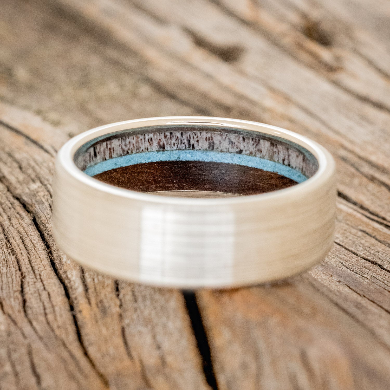 "ARGOS" - ANTLER, IRONWOOD & TURQUOISE LINED WEDDING BAND WITH BRUSHED FINISH-12
