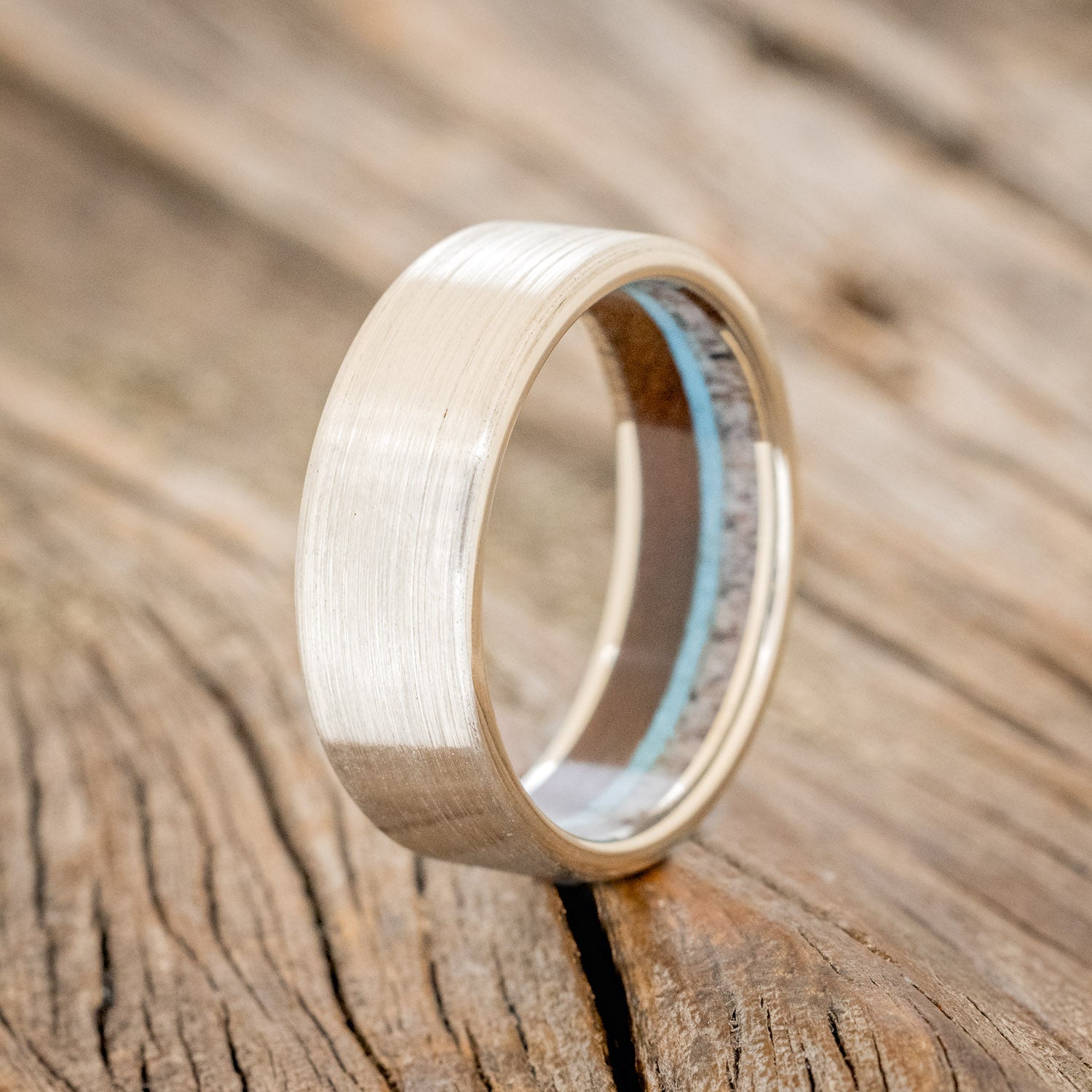 "ARGOS" - ANTLER, IRONWOOD & TURQUOISE LINED WEDDING BAND WITH BRUSHED FINISH-4