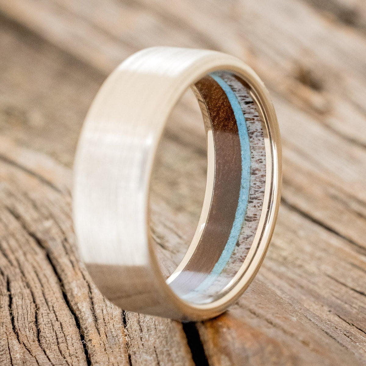 "ARGOS" - ANTLER, IRONWOOD & TURQUOISE LINED WEDDING BAND WITH BRUSHED FINISH-10