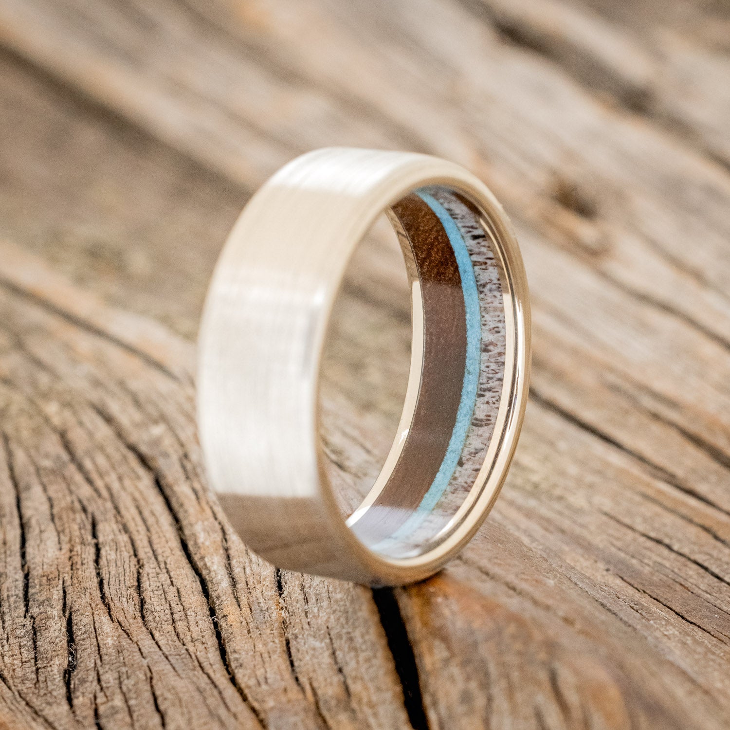 "ARGOS" - ANTLER, IRONWOOD & TURQUOISE LINED WEDDING BAND WITH BRUSHED FINISH-10