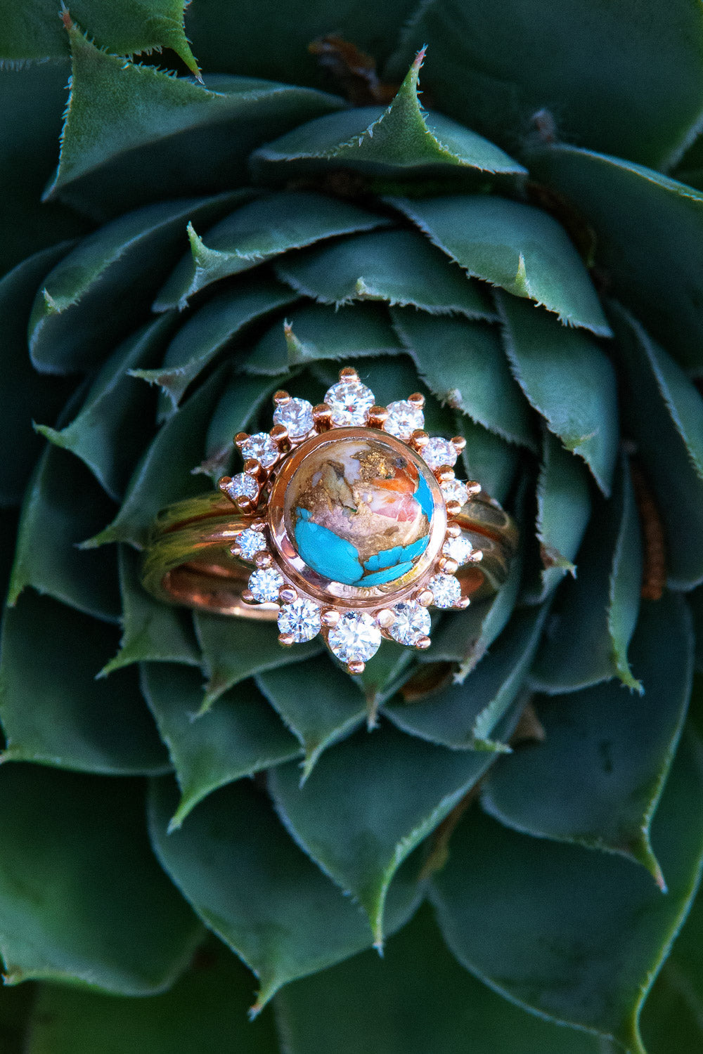 "ESMERALDA" - ROUND CUT SPINY OYSTER TURQUOISE WEDDING BAND WITH DIAMOND ACCENTS-33