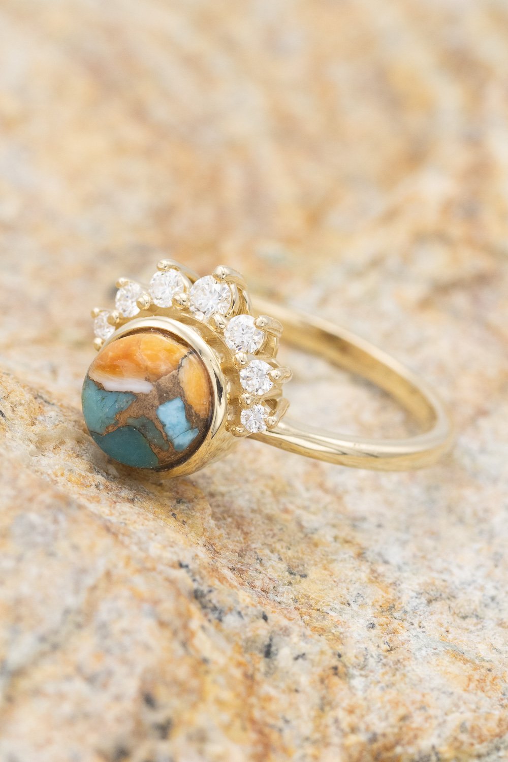 "ESMERALDA" - ROUND CUT SPINY OYSTER TURQUOISE WEDDING BAND WITH DIAMOND ACCENTS-35