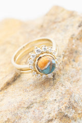"ESMERALDA" - ROUND CUT SPINY OYSTER TURQUOISE WEDDING RING SET WITH DIAMOND ACCENTS