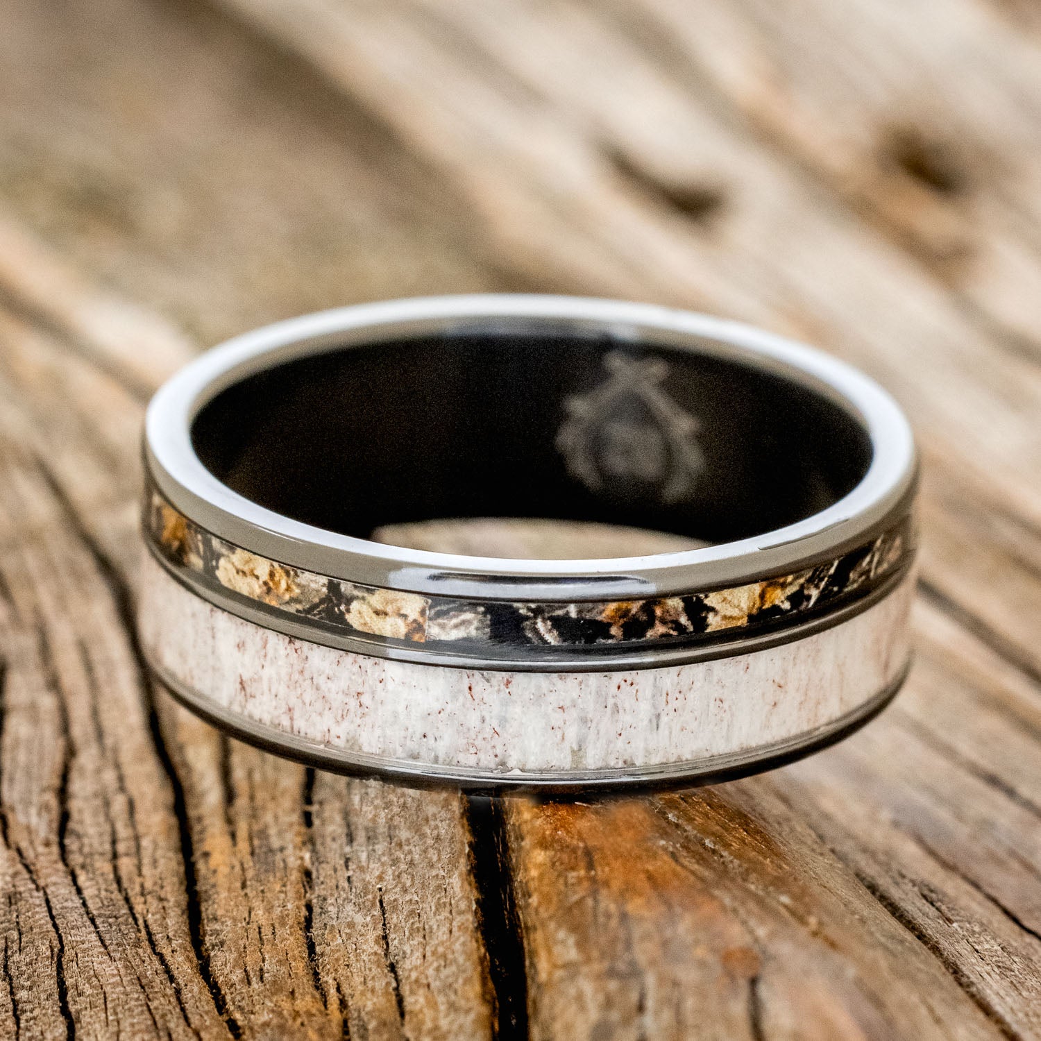 "RAPTOR" - CAMO & ELK ANTLER INLAY WEDDING BAND-6