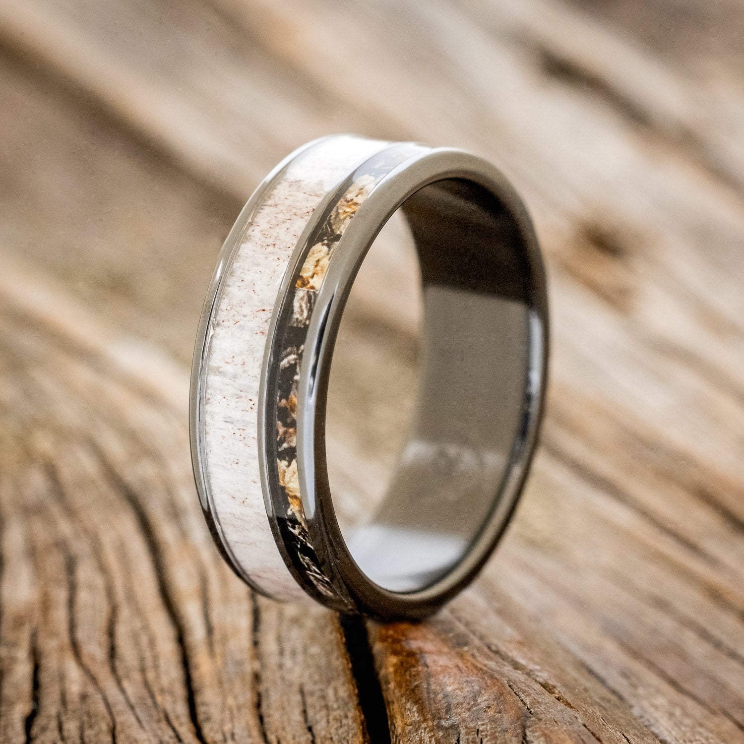 "RAPTOR" - CAMO & ELK ANTLER INLAY WEDDING BAND-4