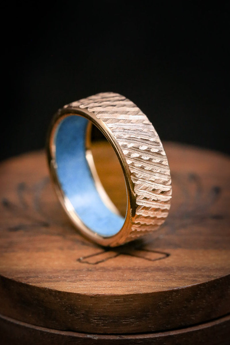 Shown here is handcrafted men's wedding band shown on a 14k rose gold band with a hand-crushed turquoise lining and a crosshatched finish. Additional inlay options are available upon request.-Turquoise Men's Wedding Band - Rugged Wedding Ring - Staghead Designs