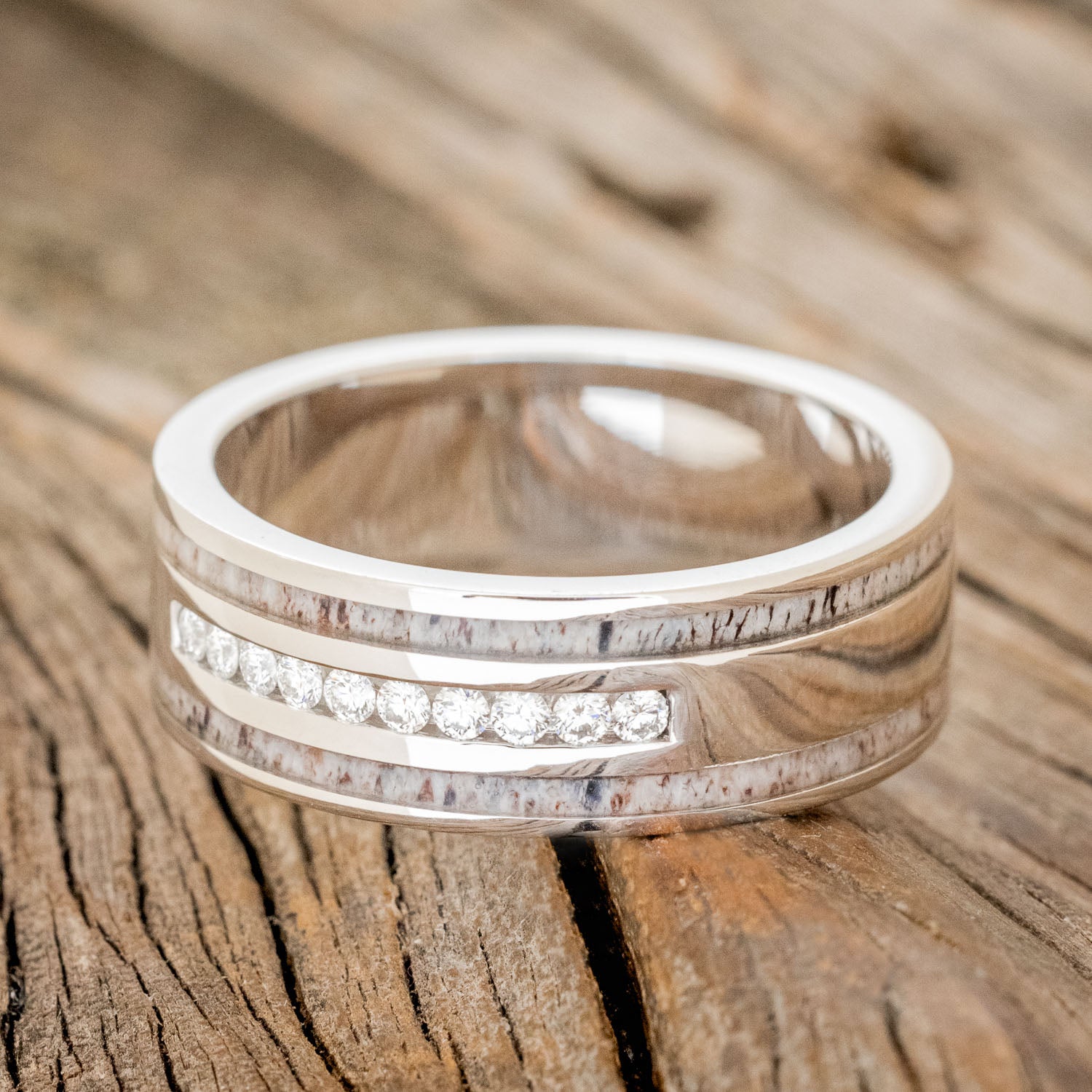 "RYDER" - DIAMONDS & ANTLER INLAYS WEDDING BAND-6