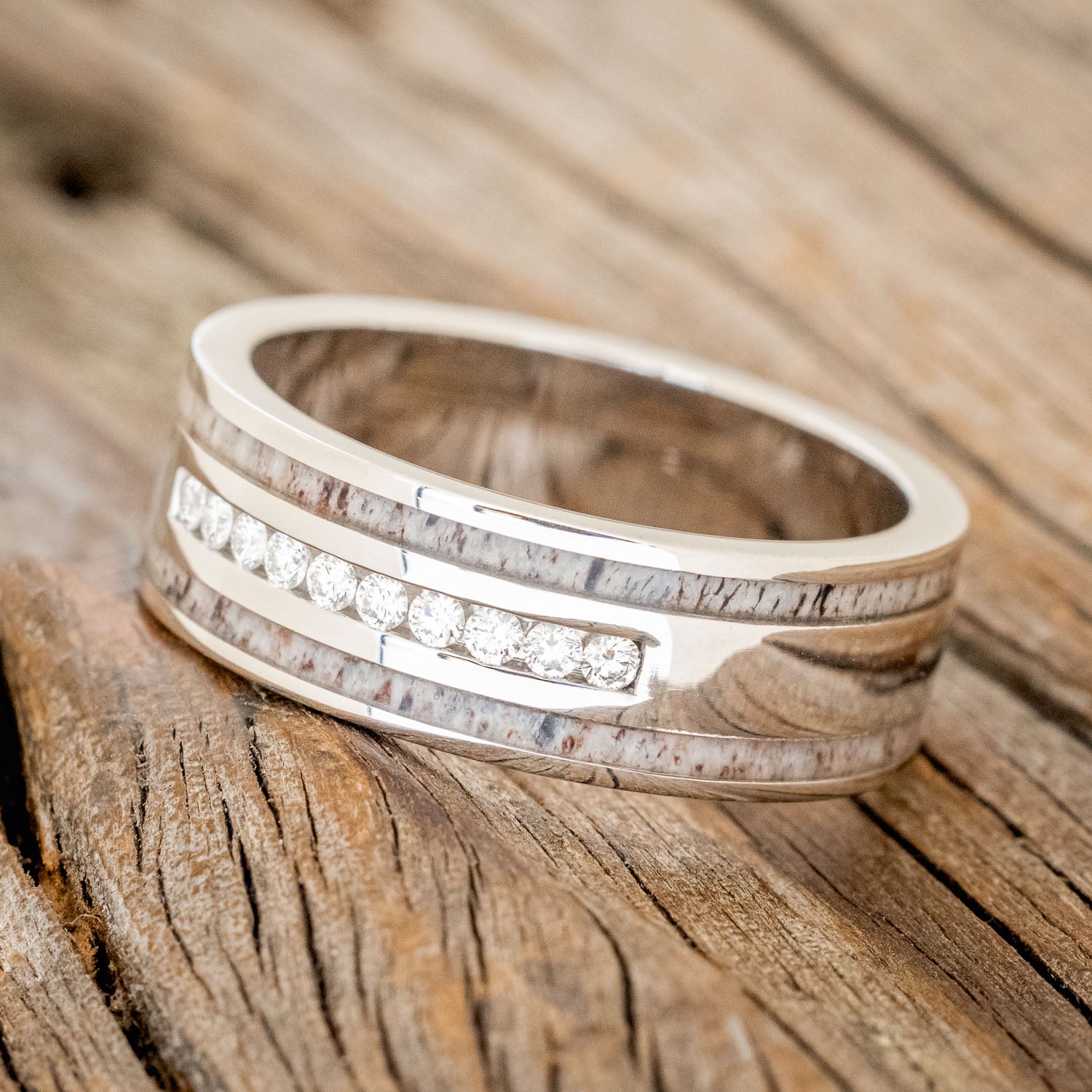 "RYDER" - DIAMONDS & ANTLER INLAYS WEDDING BAND-5