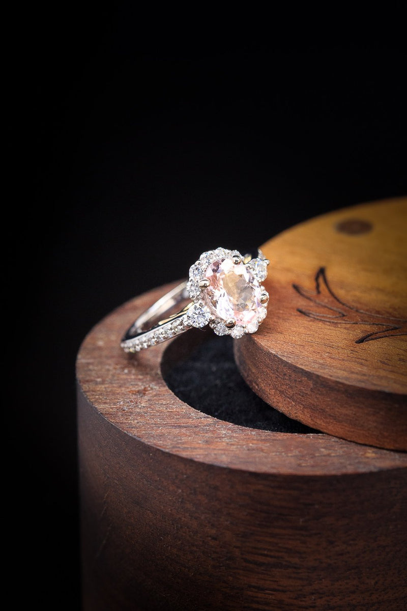 "OPHELIA" - ROUND CUT MORGANITE ENGAGEMENT RING WITH DIAMOND HALO & ACCENTS