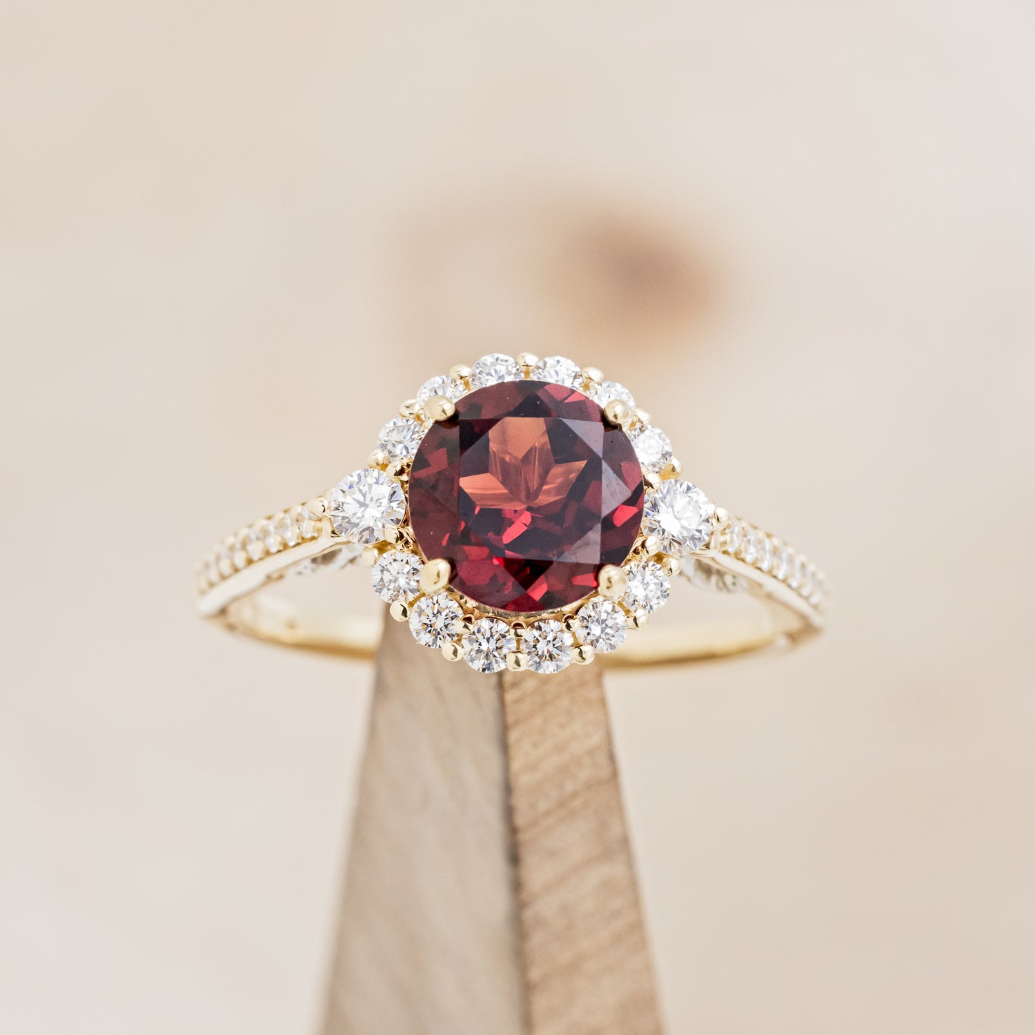 "OPHELIA" - ROUND CUT GARNET ENGAGEMENT RING WITH DIAMOND HALO, ACCENTS & DIAMOND TRACER-7