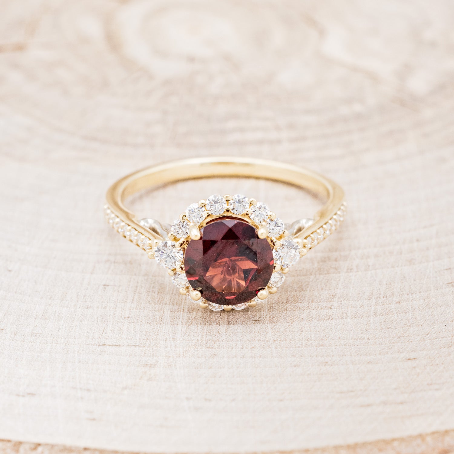 "OPHELIA" - ROUND CUT GARNET ENGAGEMENT RING WITH DIAMOND HALO, ACCENTS & DIAMOND TRACER-10