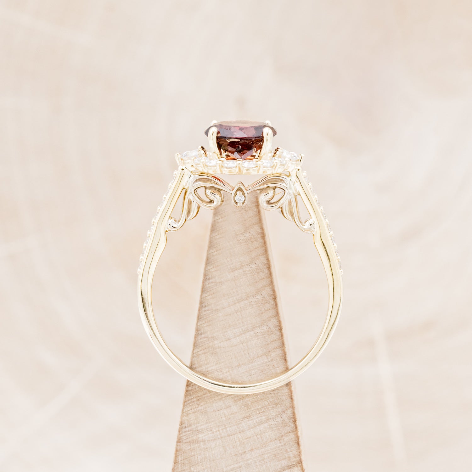 "OPHELIA" - ROUND CUT GARNET ENGAGEMENT RING WITH DIAMOND HALO, ACCENTS & DIAMOND TRACER-12
