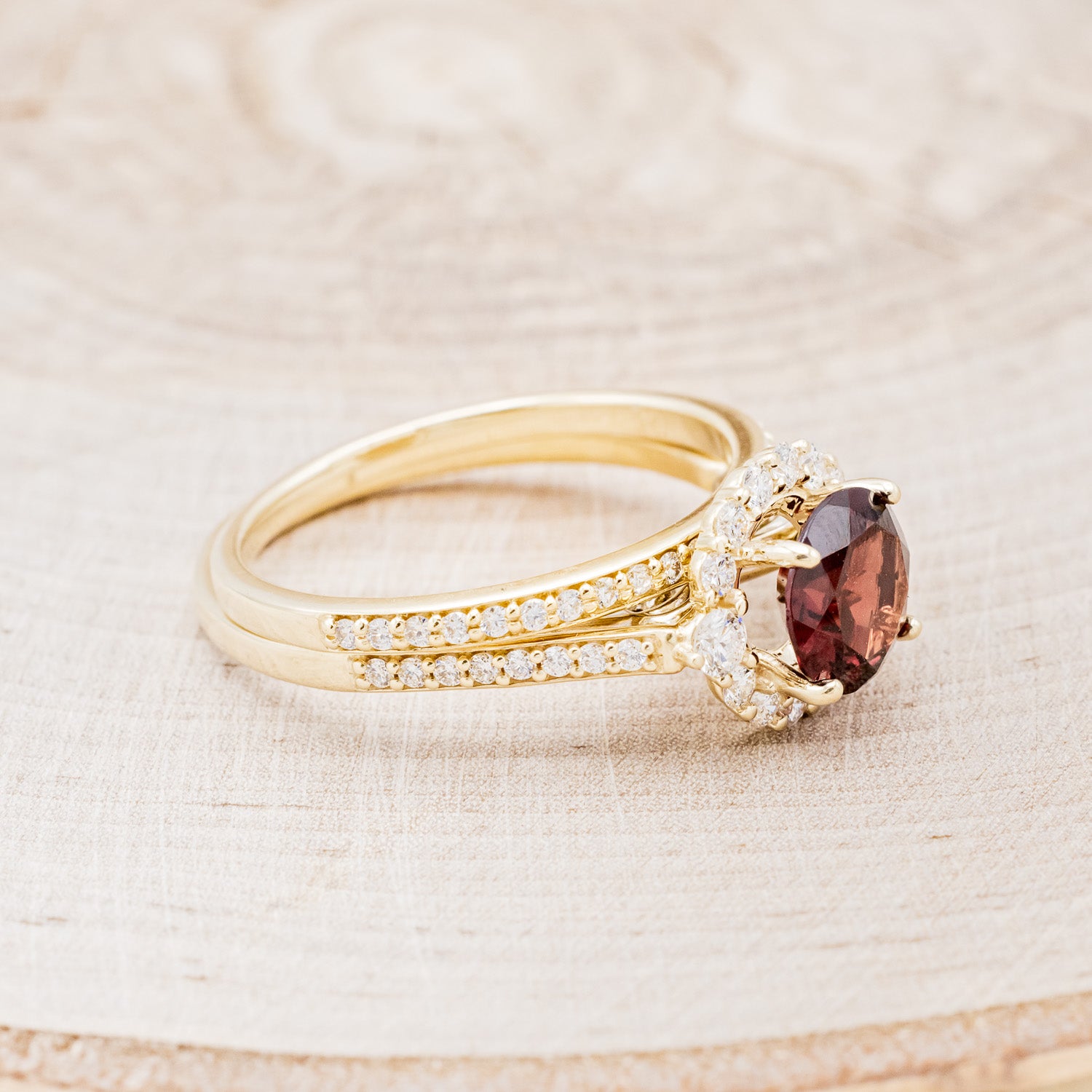 "OPHELIA" - ROUND CUT GARNET ENGAGEMENT RING WITH DIAMOND HALO, ACCENTS & DIAMOND TRACER-2
