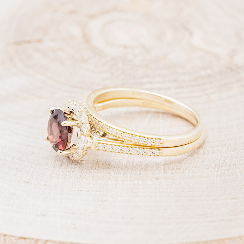 "OPHELIA" - ROUND CUT GARNET ENGAGEMENT RING WITH DIAMOND HALO, ACCENTS & DIAMOND TRACER