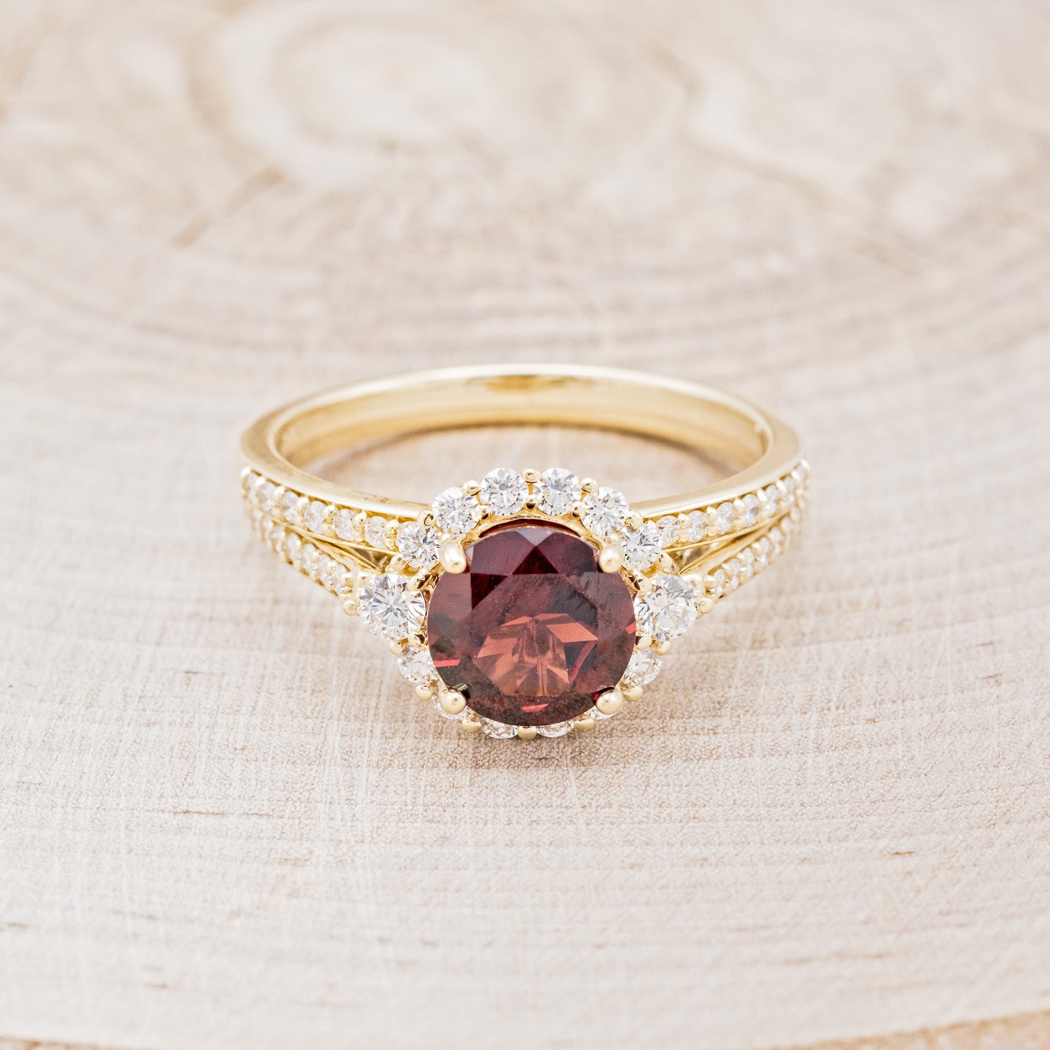 "OPHELIA" - ROUND CUT GARNET ENGAGEMENT RING WITH DIAMOND HALO, ACCENTS & DIAMOND TRACER-4
