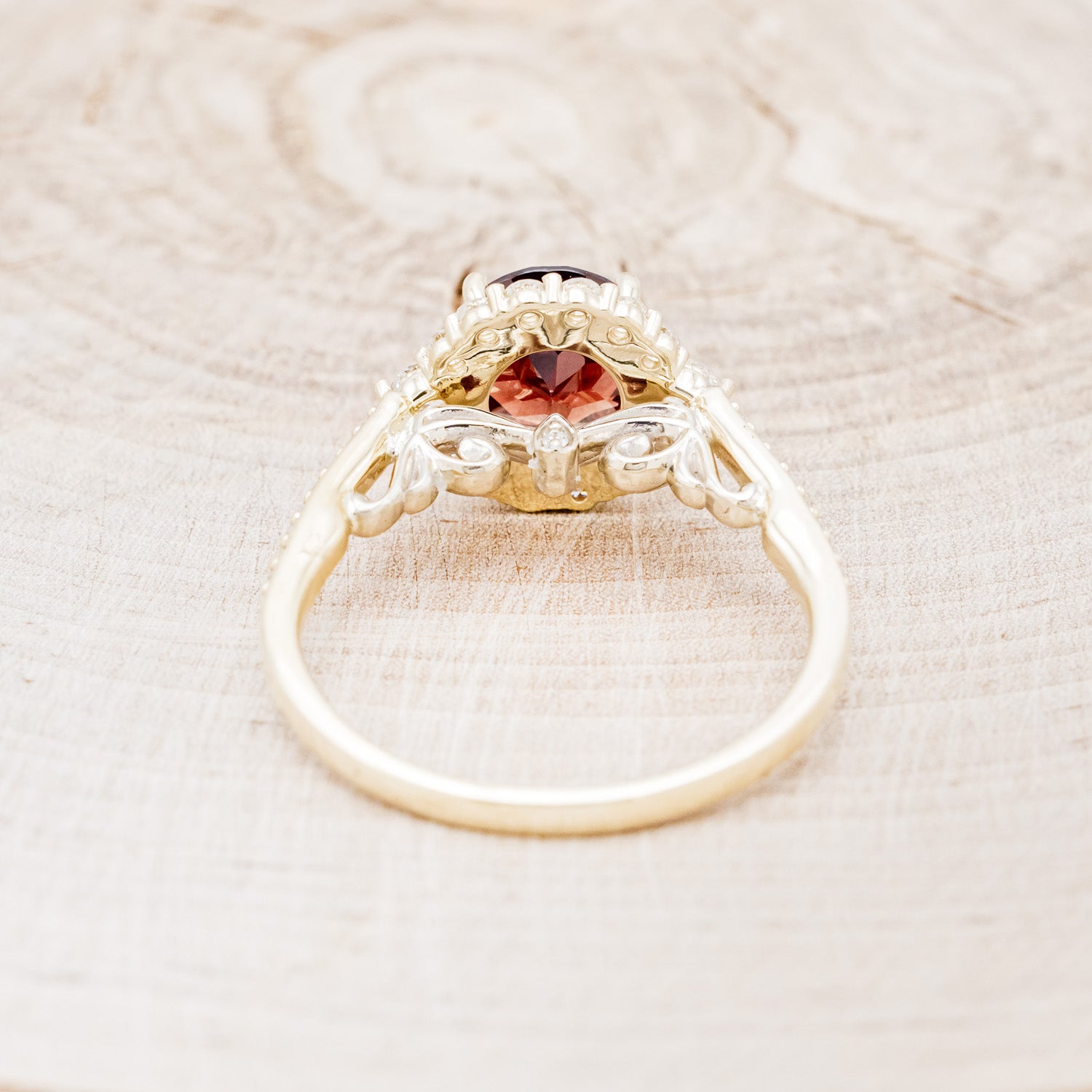 "OPHELIA" - ROUND CUT GARNET ENGAGEMENT RING WITH DIAMOND HALO, ACCENTS & DIAMOND TRACER-11