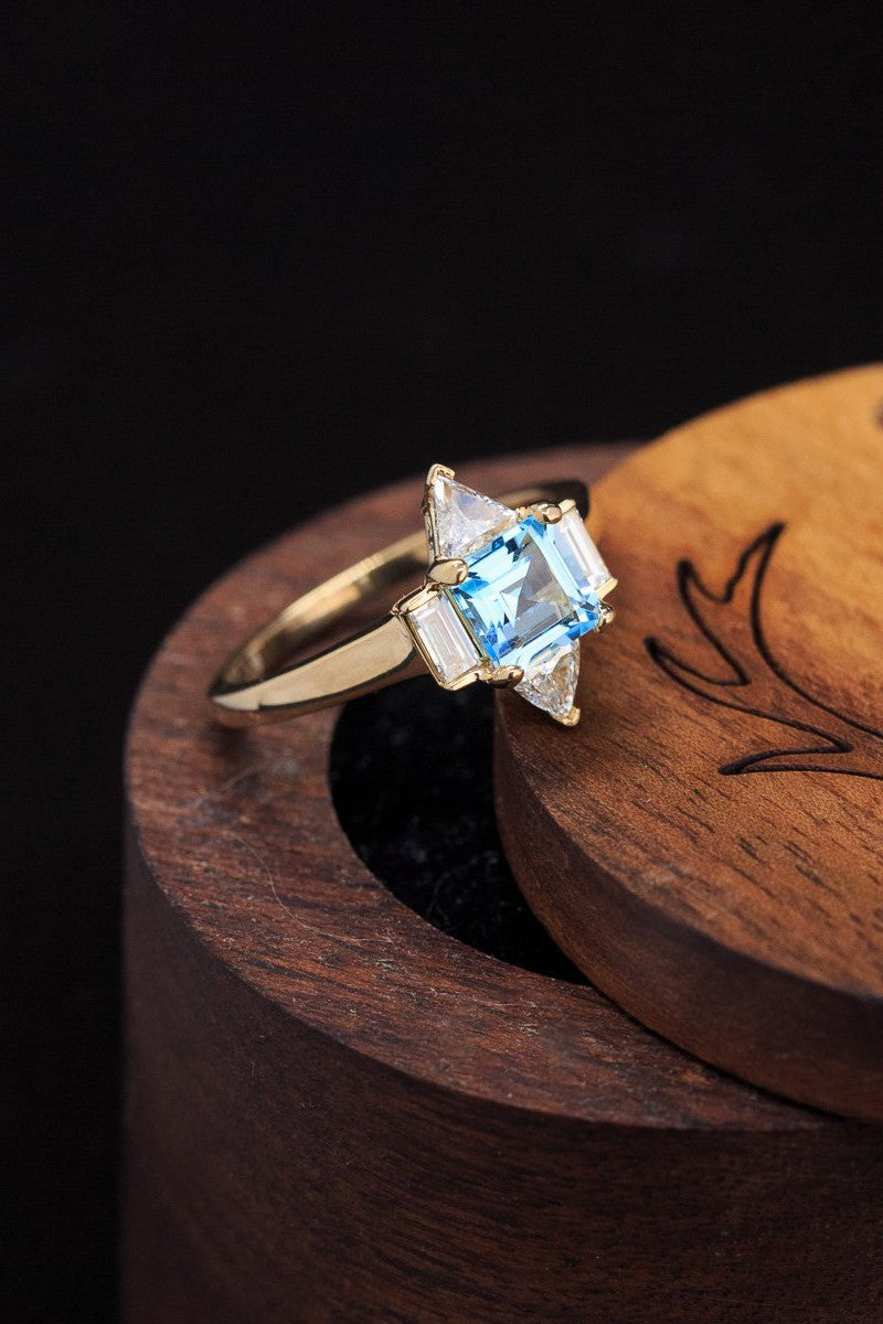 PRINCESS CUT SKY BLUE TOPAZ ENGAGEMENT RING WITH DIAMOND ACCENTS - 14K YELLOW GOLD - SIZE 7 1/4