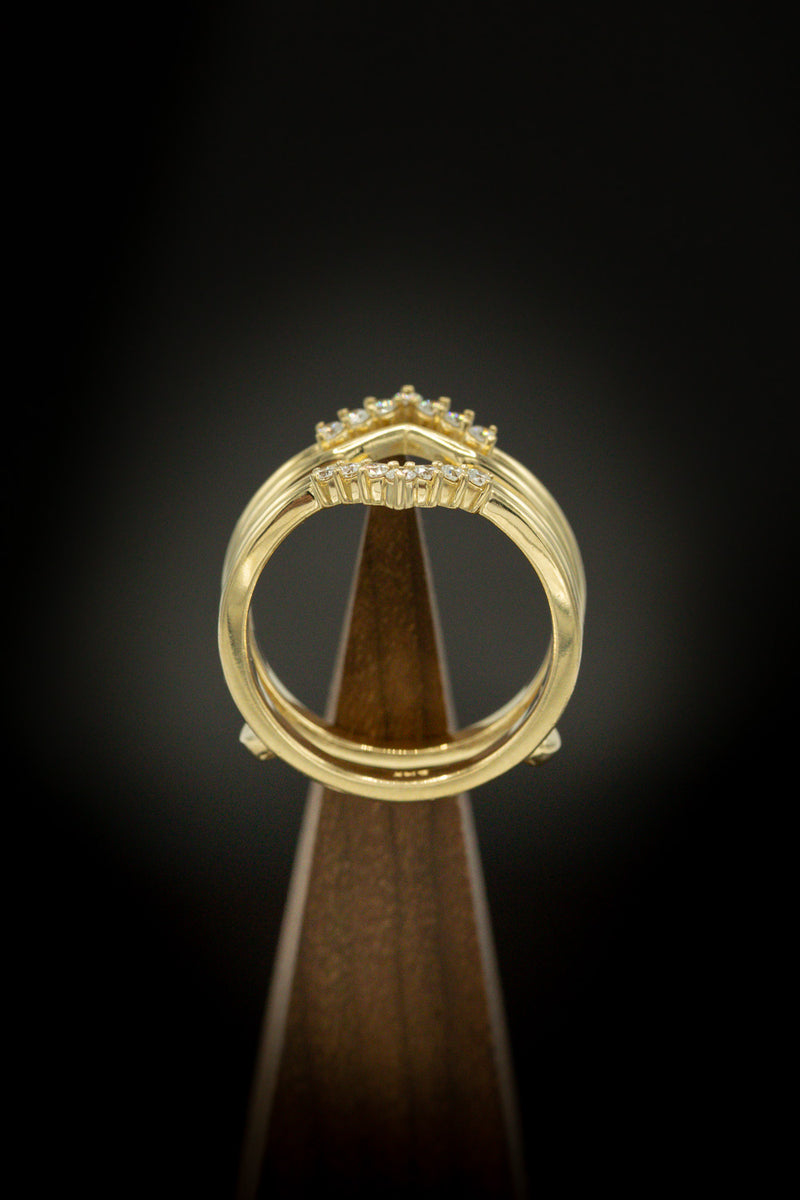 LOZENGE CUT RHODOLITE GARNET ENGAGEMENT RING WITH DIAMOND RING GUARD