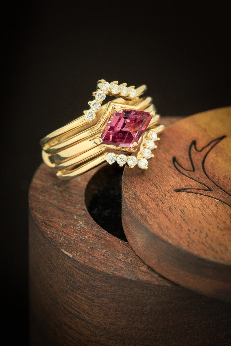 Shown here is An art deco-style rhodolite garnet women's engagement ring with delicate and ornate details and is available with many center stone options-Unique Engagement Ring - Garnet & Diamond Wedding Band Set - Staghead Designs